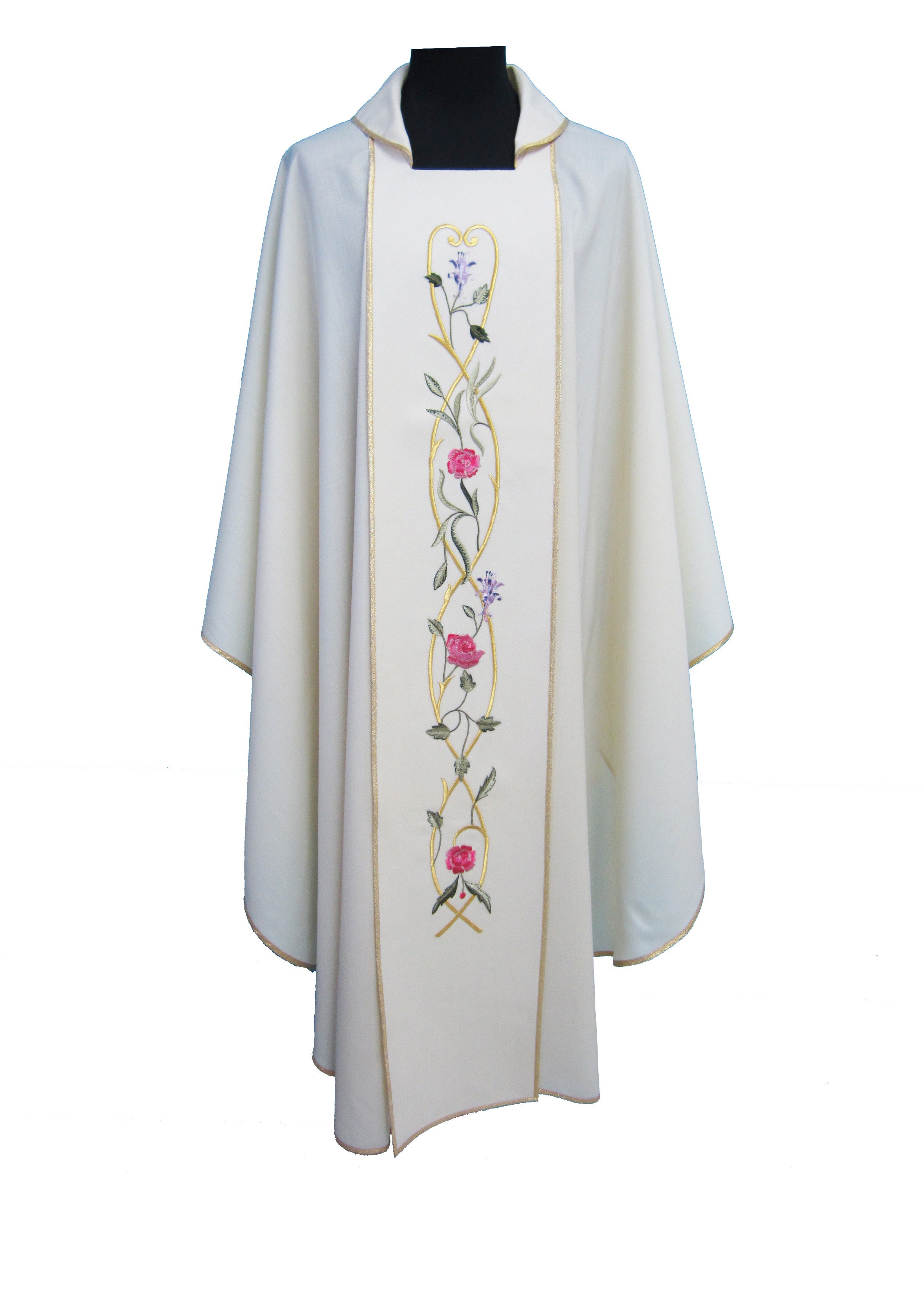 Casula Liturgica Bianca in Pura Lana Stolone fiori di campo colorato