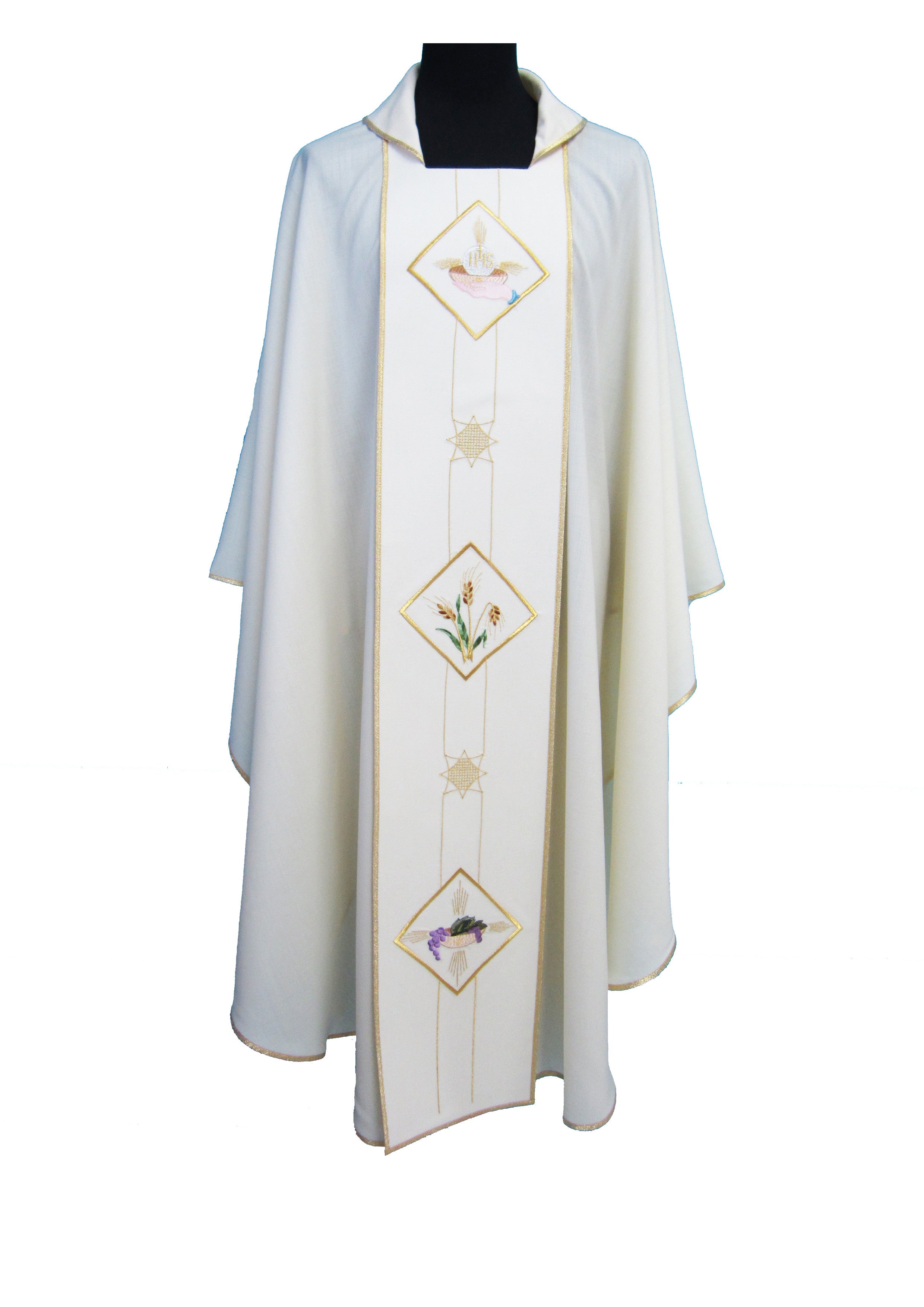 Casula Liturgica Bianca in Pura Lana Stolone uva e grano colorato