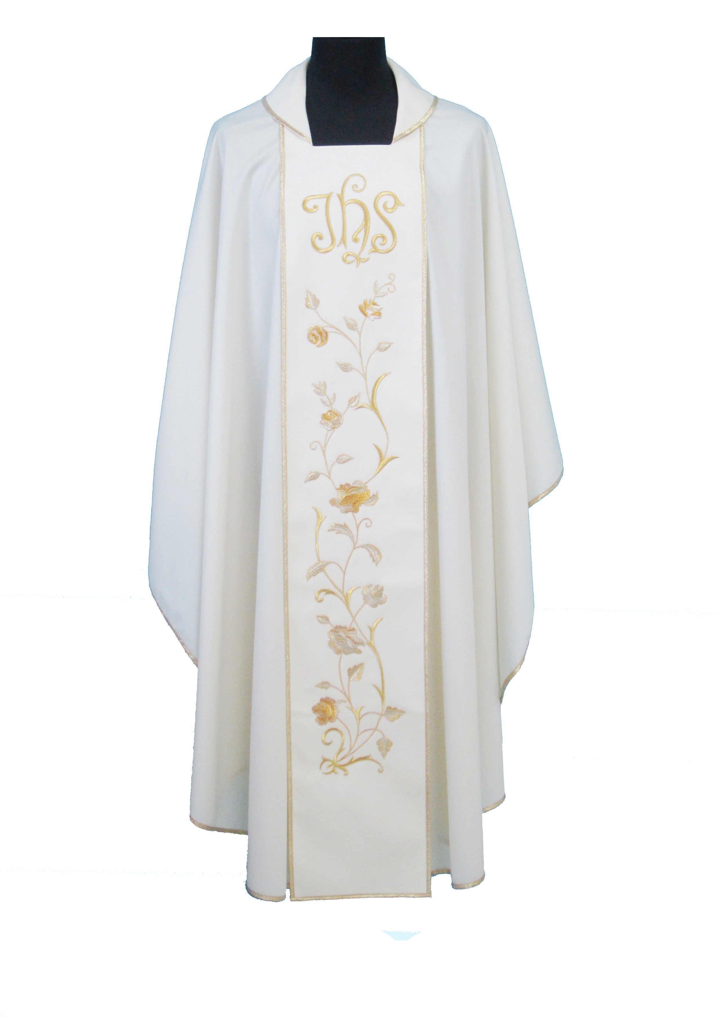 Casula Liturgica Bianca in Pura Lana Stolone IHS e rose oro