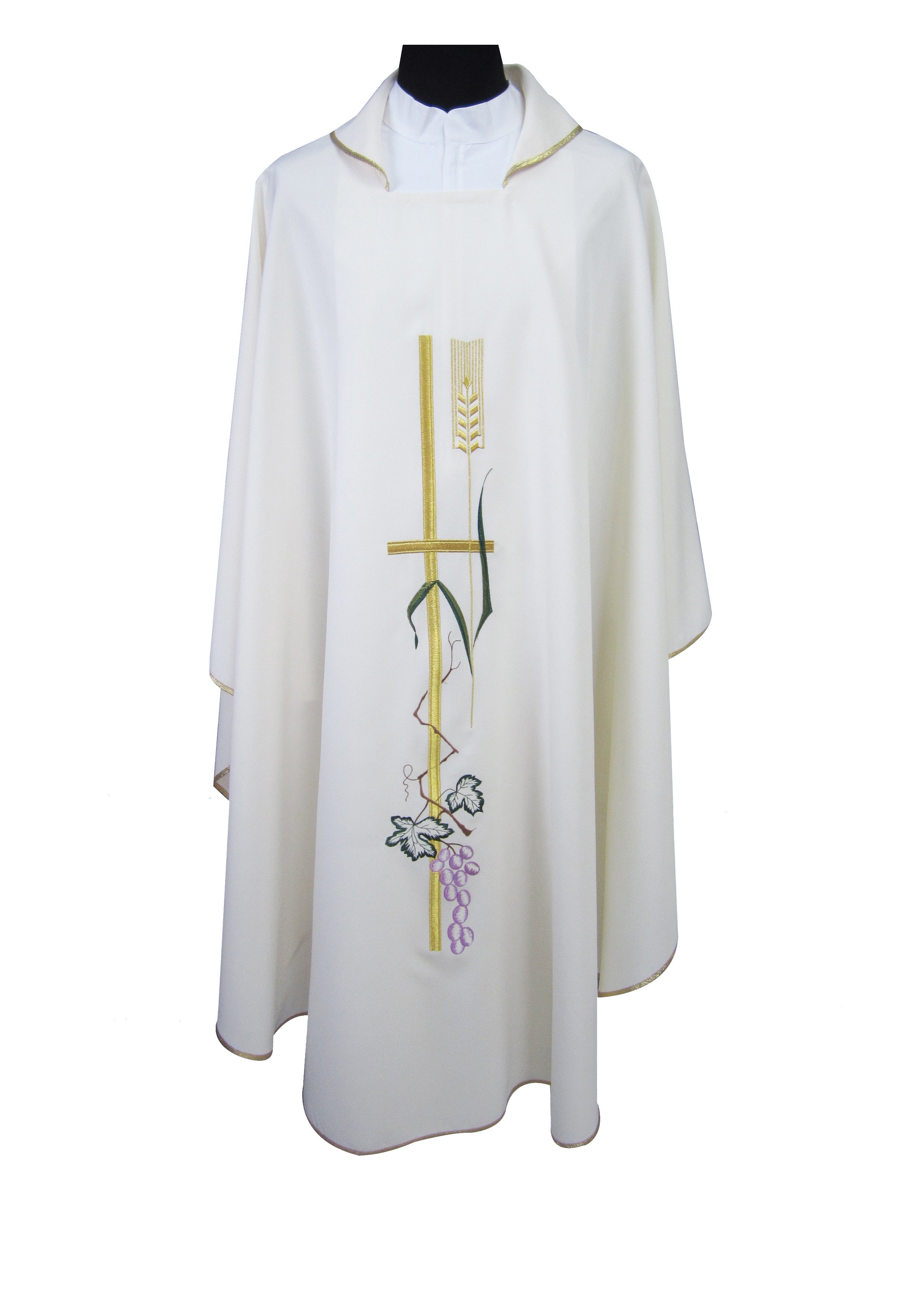 Casula Liturgica Bianca in Poliestere Ricamo croce e uva colorato