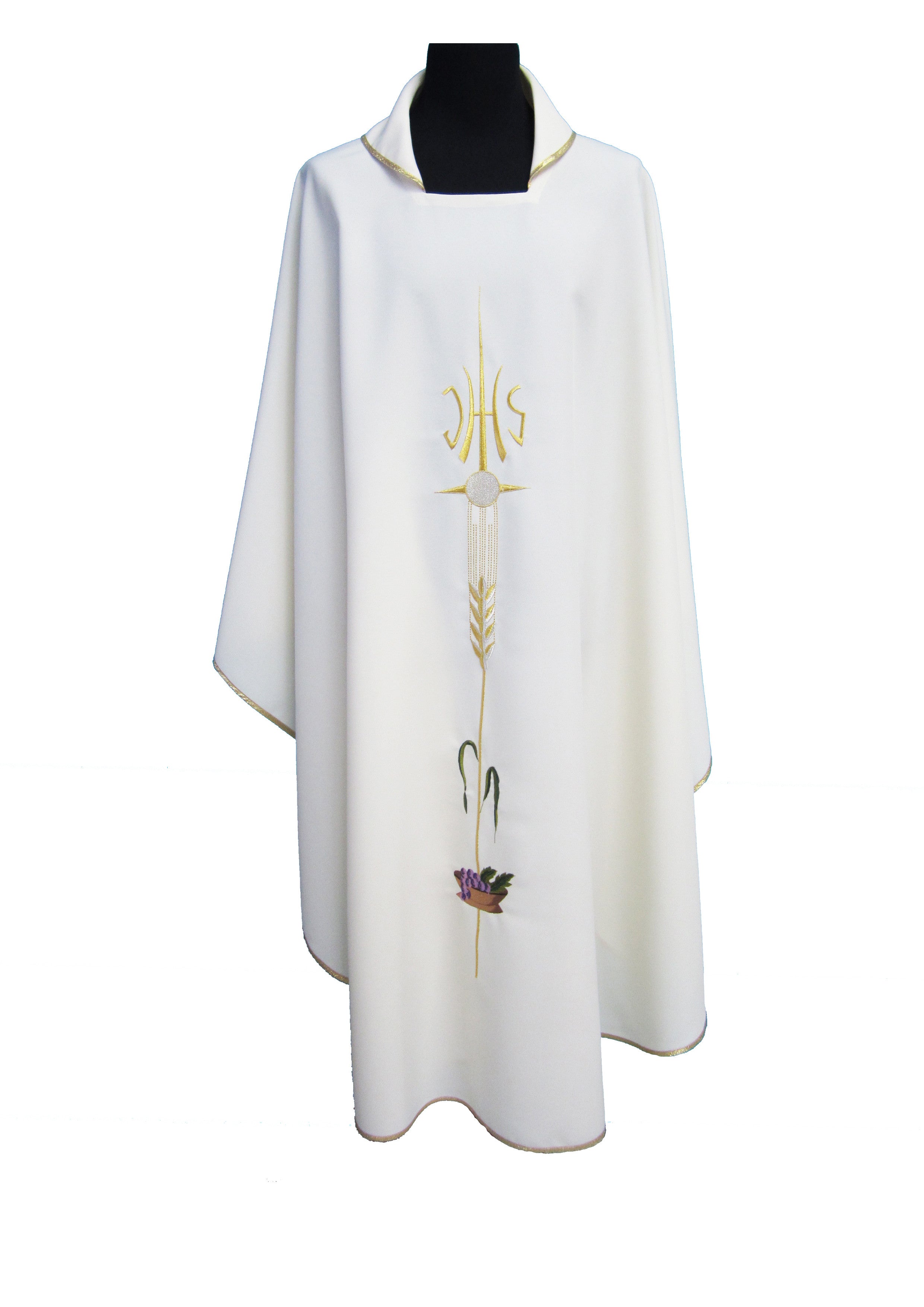 Casula Liturgica Bianca in Poliestere Ricamo IHS e grano colorato