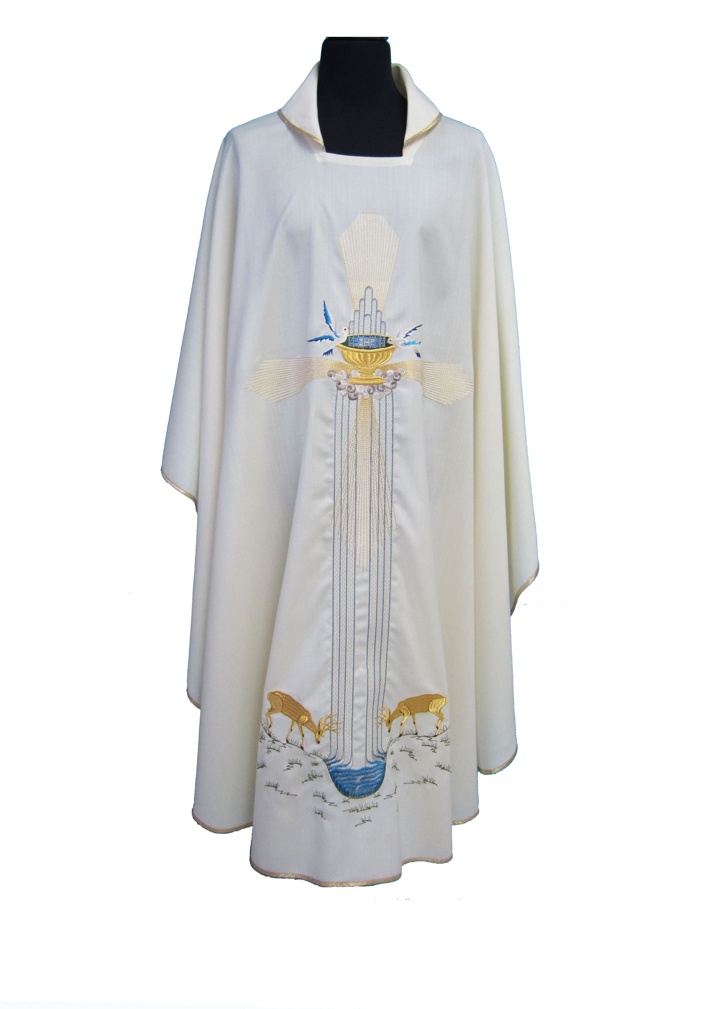 Casula Liturgica Bianca in Pura Lana Ricamo fonte sacra e croce