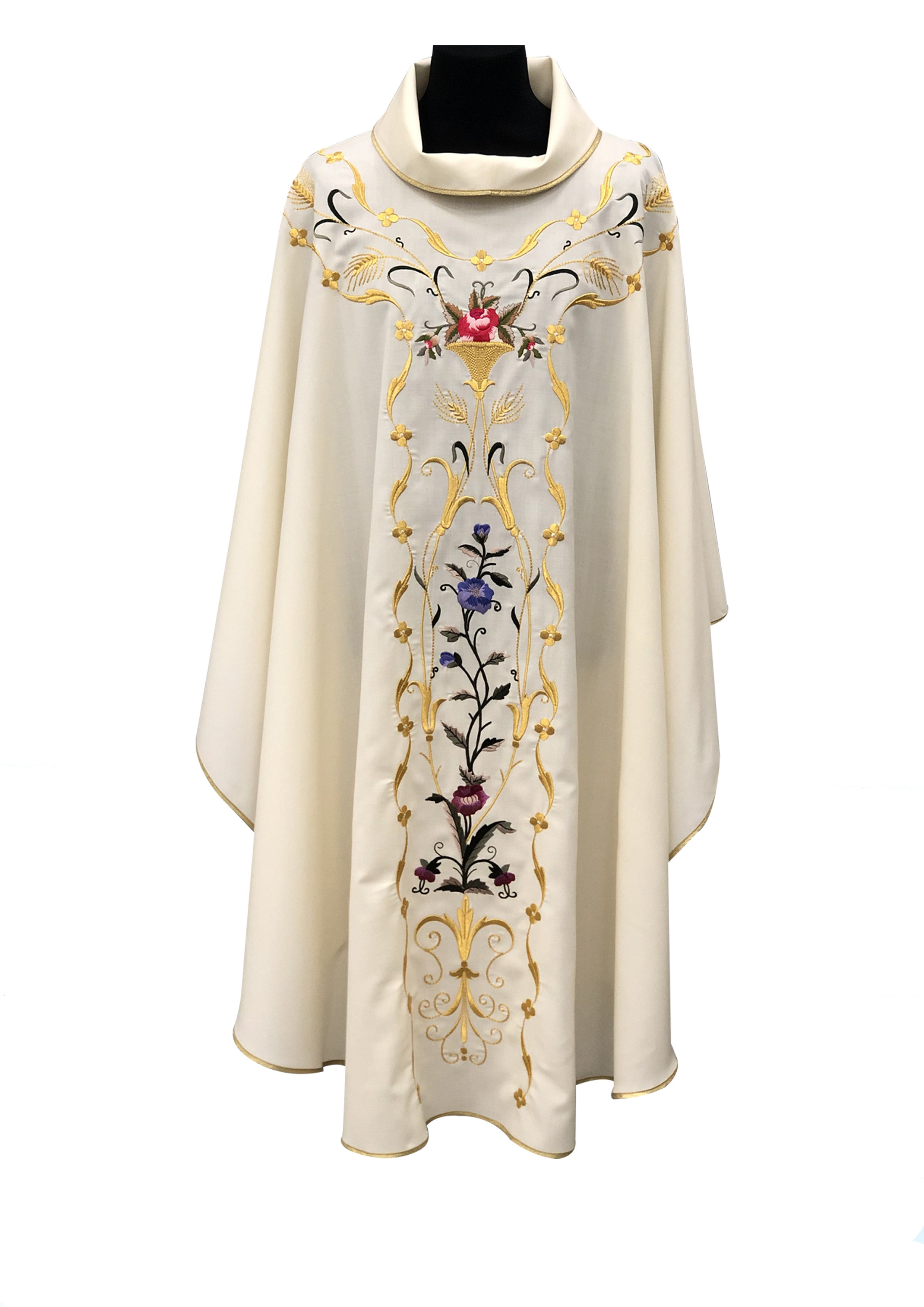 Casula Liturgica Bianca in Pura Lana Ricamo fiori e spighe colorato