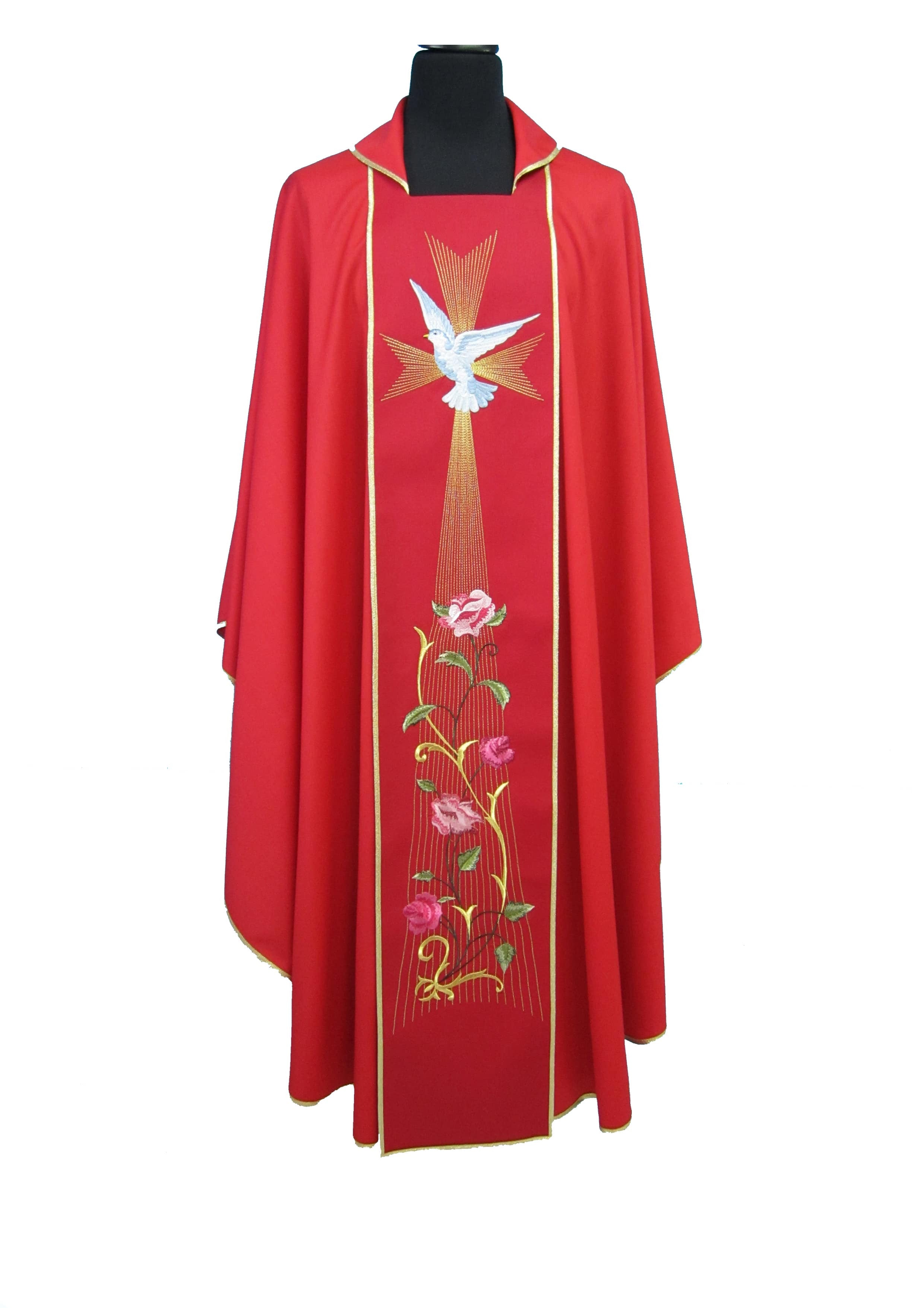 Casula Liturgica Rossa in Pura Lana Stolone con Colomba e Fiori