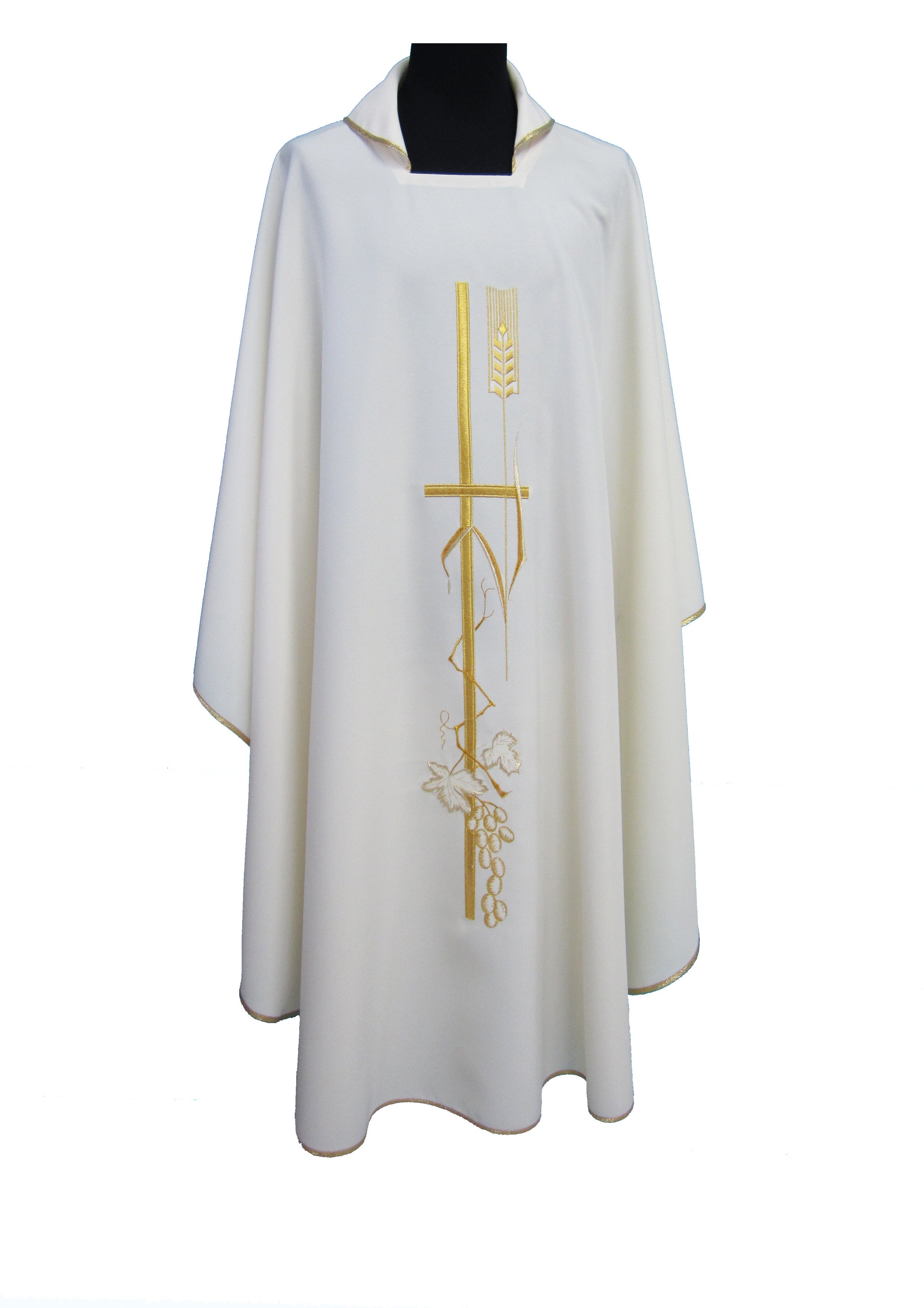 Casula per Sacerdote Colore bianco Poliestere Ricamo croce e uva oro