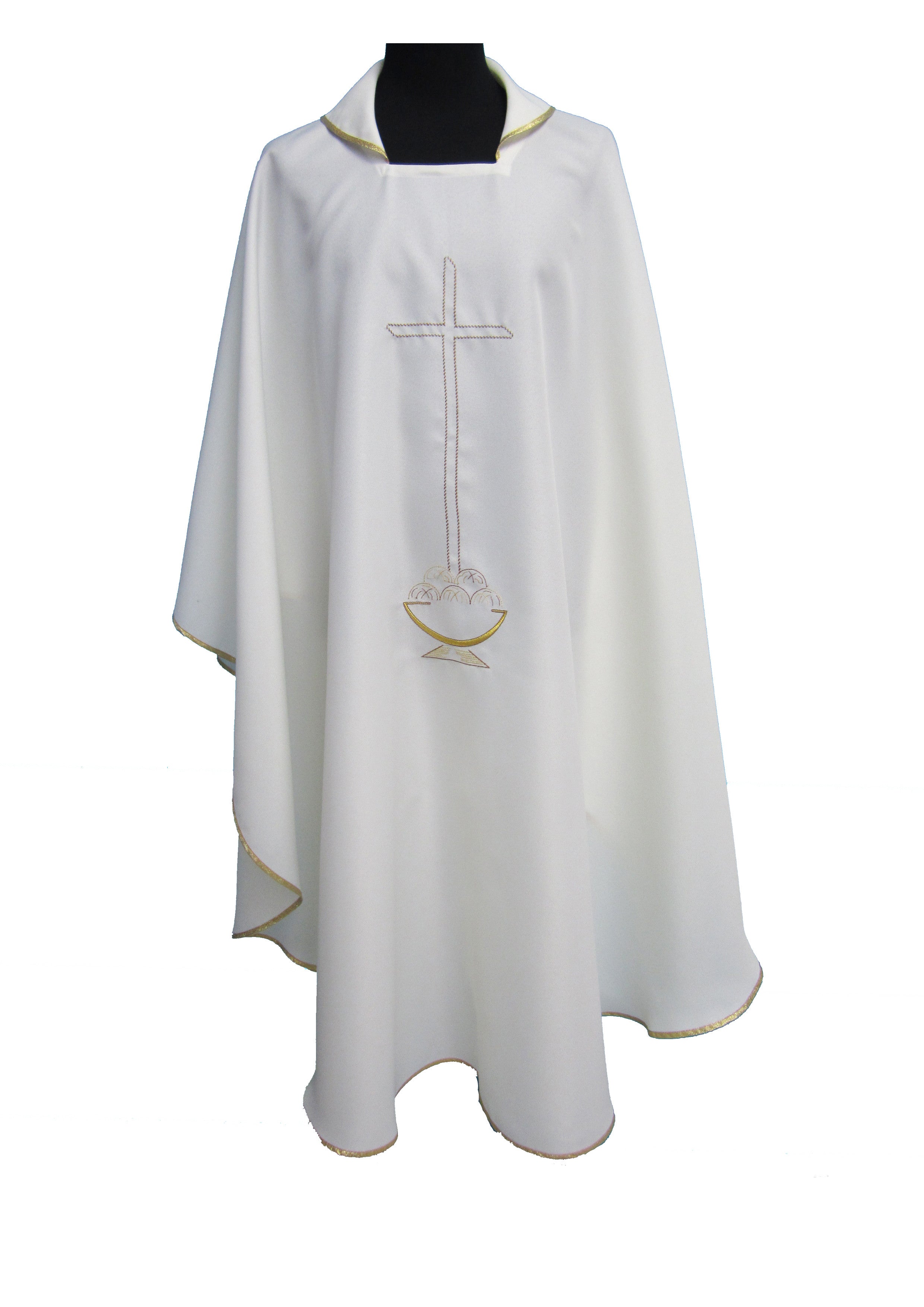 Casula per Sacerdote Colore bianco Ricamo croce e pane dorato