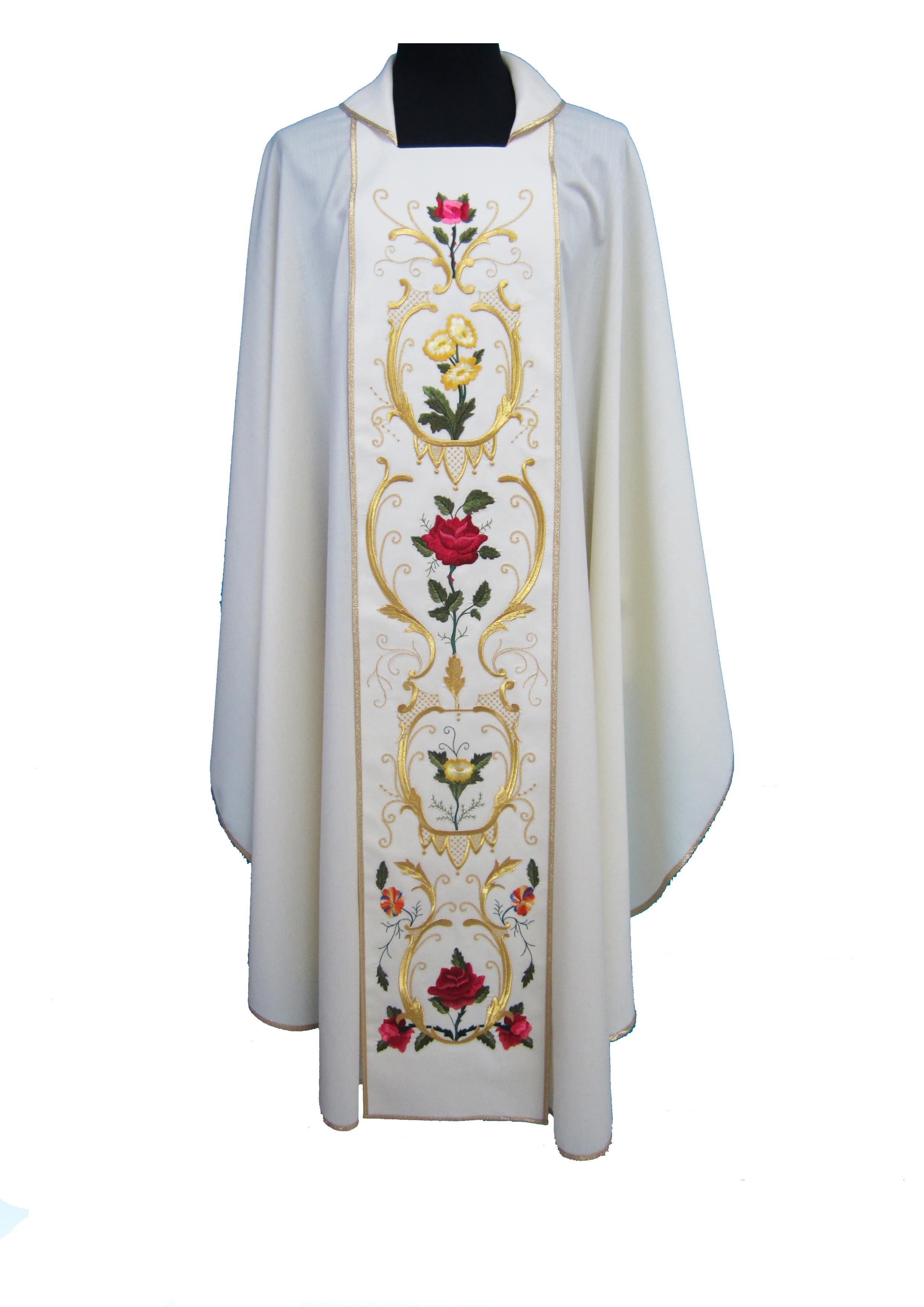 Casula per Sacerdote in Pura Lana bianca Ricamo rose e arabeschi