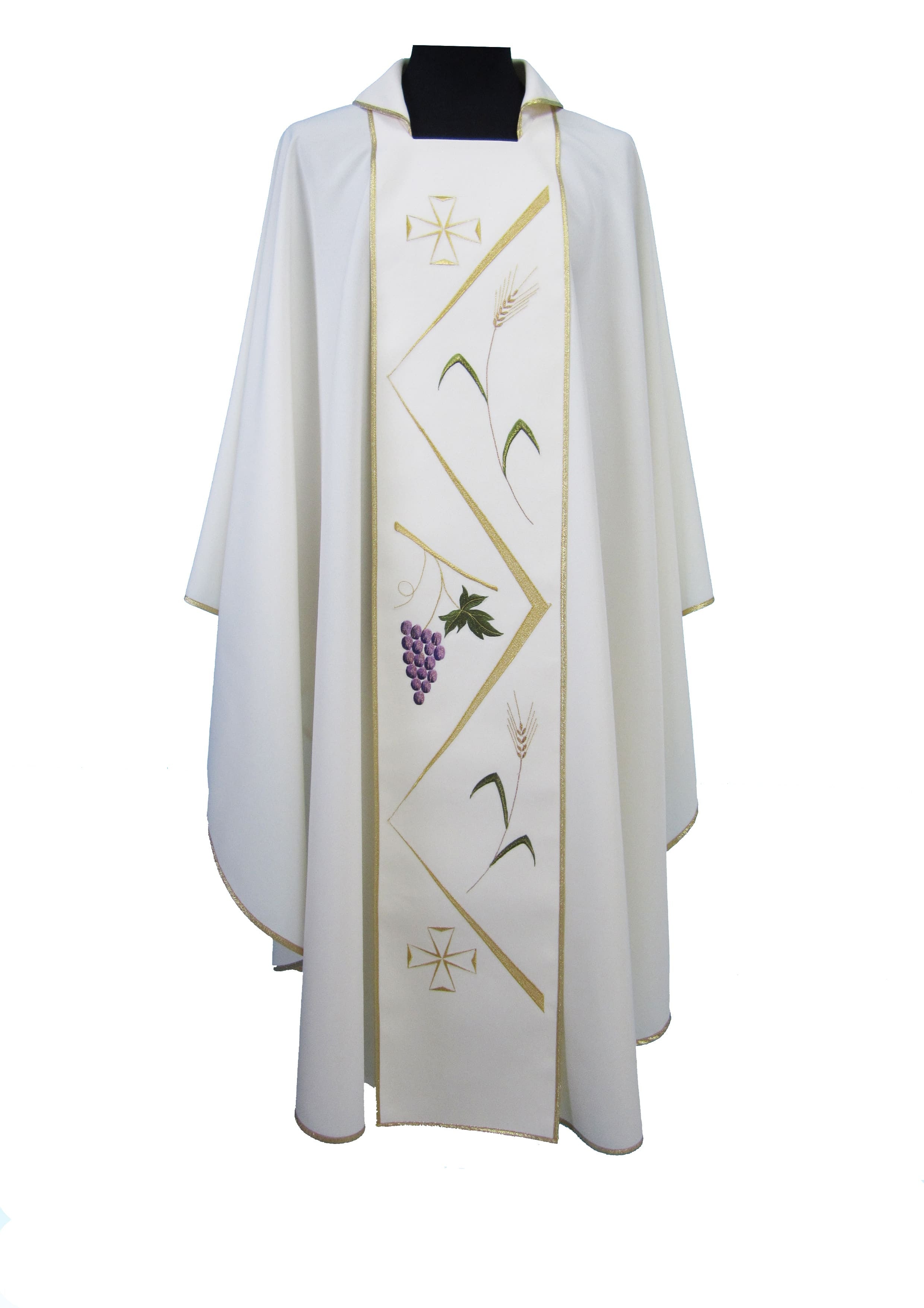 Casula Liturgica Bianca in Poliestere Stolone zig zag Uva e Spighe