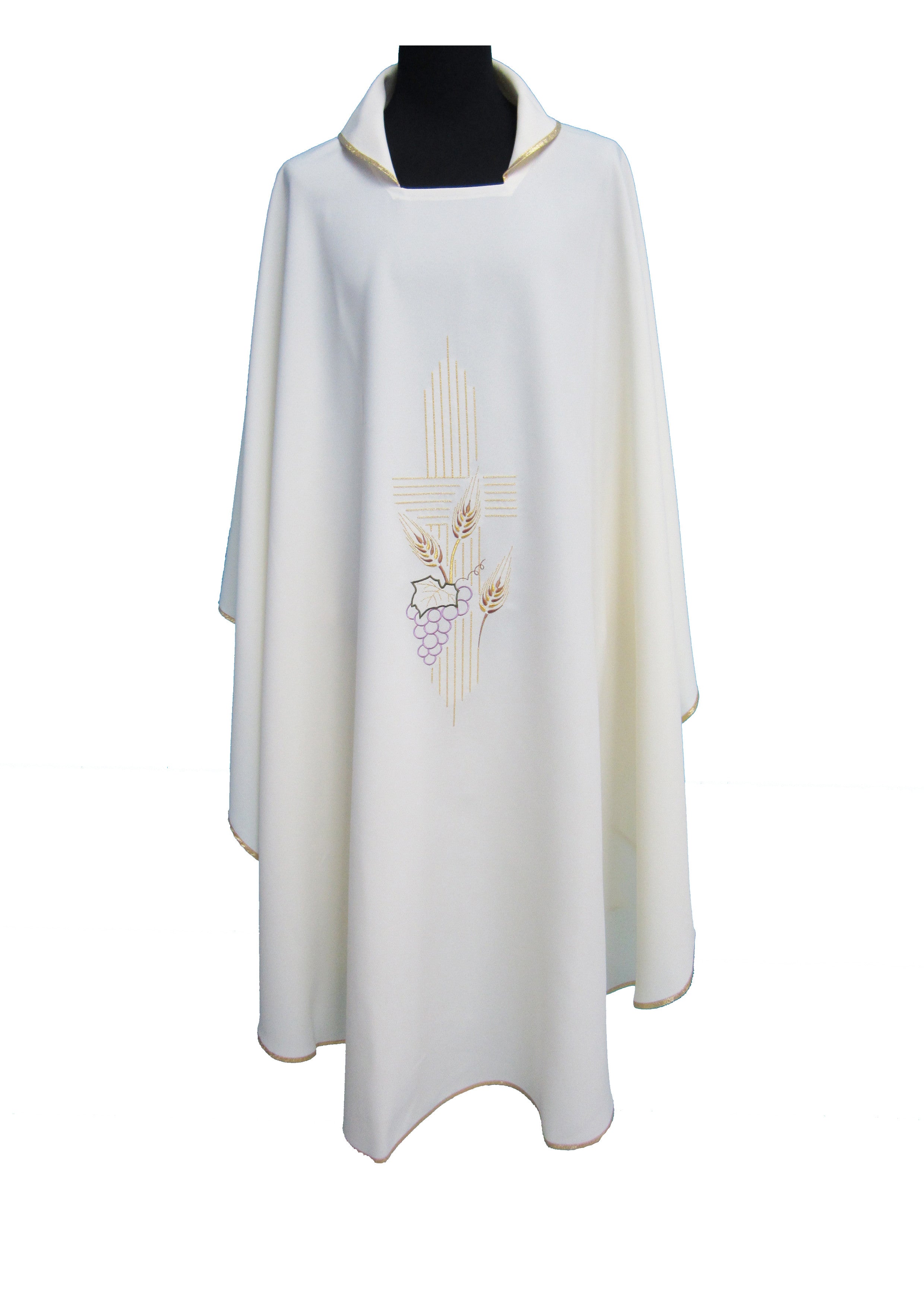 Casula Liturgica in Poliestere Colore bianco Ricamo croce oro e uva
