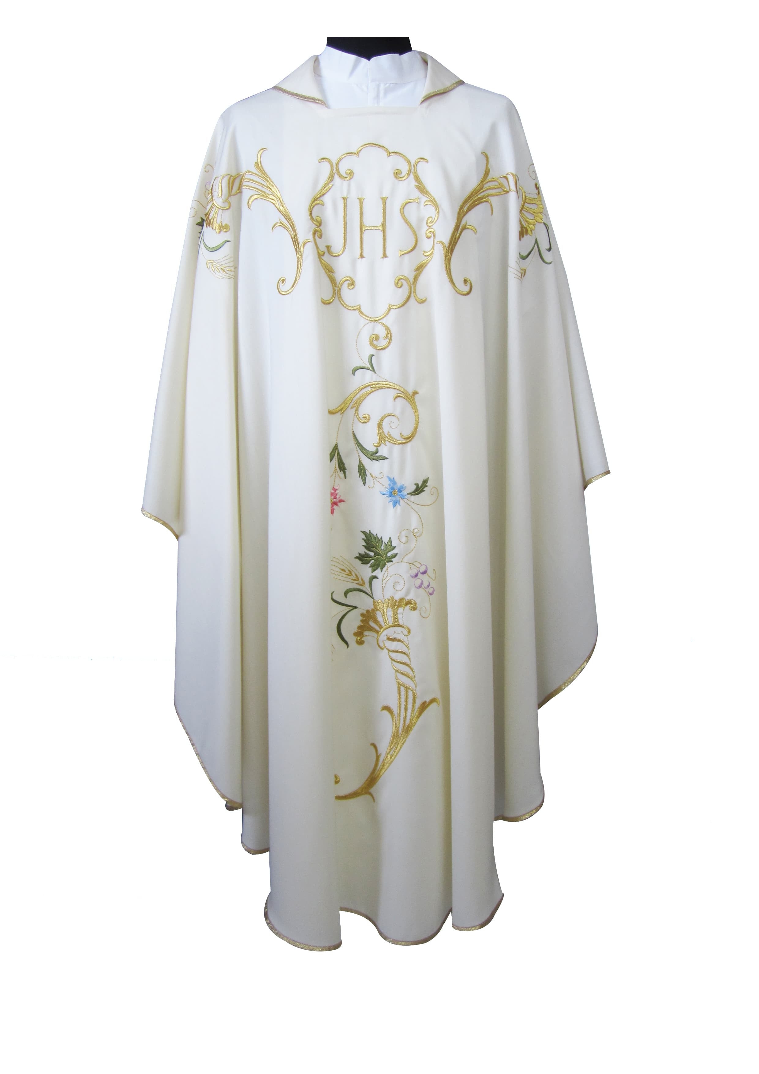 Casula per Sacerdote in Pura Lana Bianca Ricamo IHS e fiori