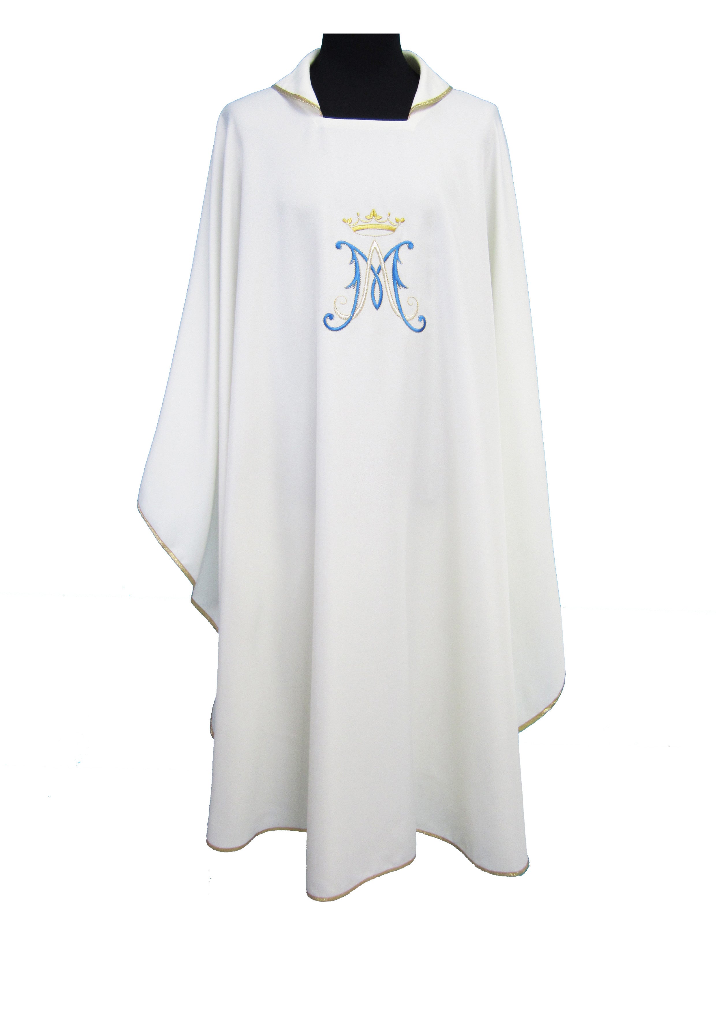 Casula Liturgica mariana Bianca Monogramma azzurro e Oro