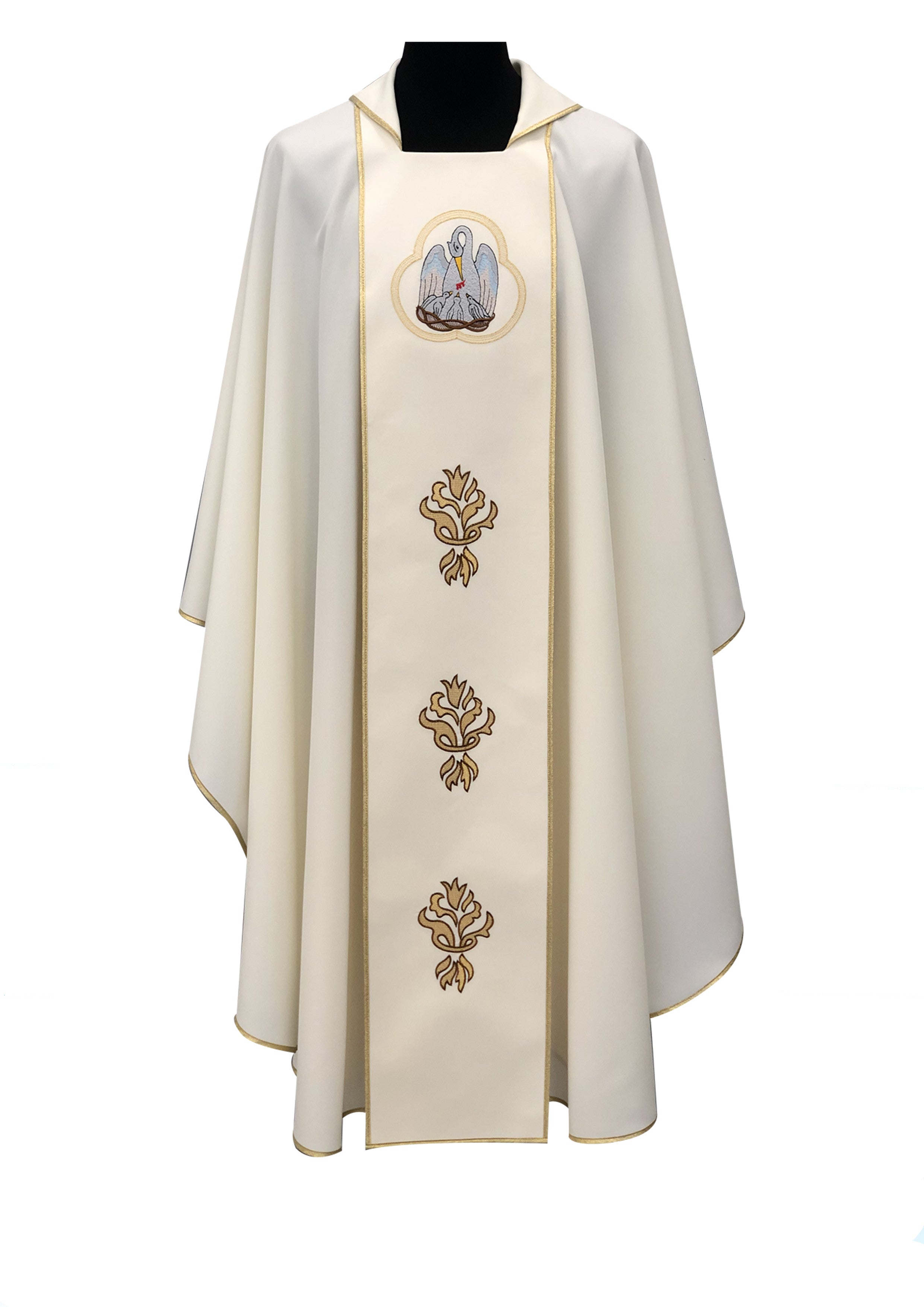 Casula Liturgica Poliestere Colore avorio con Stolone cicogna e fiori