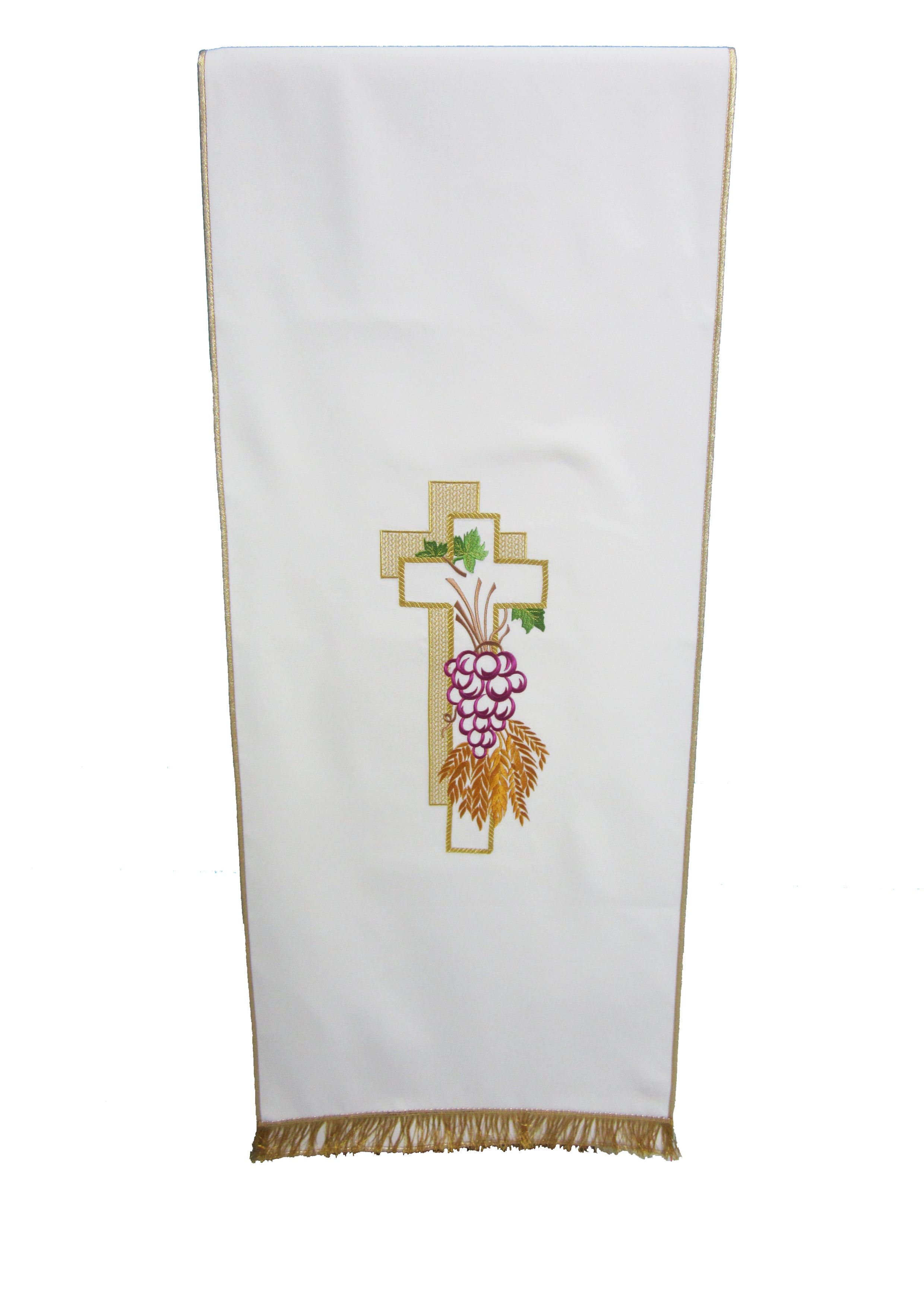 Coprileggio Liturgico bianco con croce doppia dorata uva e spighe in poliestere
