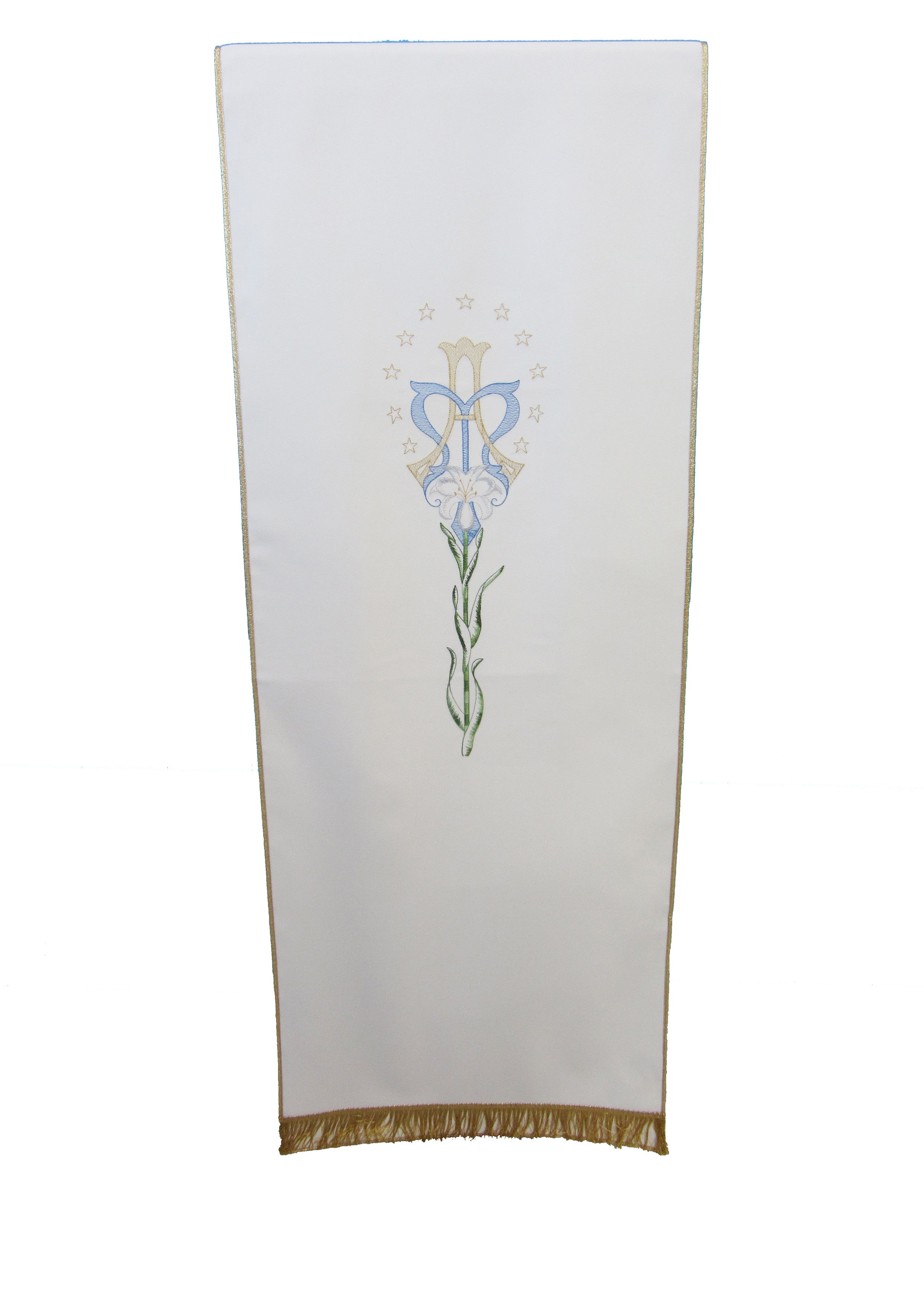 Coprileggio Liturgico bianco mariano con monogramma e giglio in poliestere