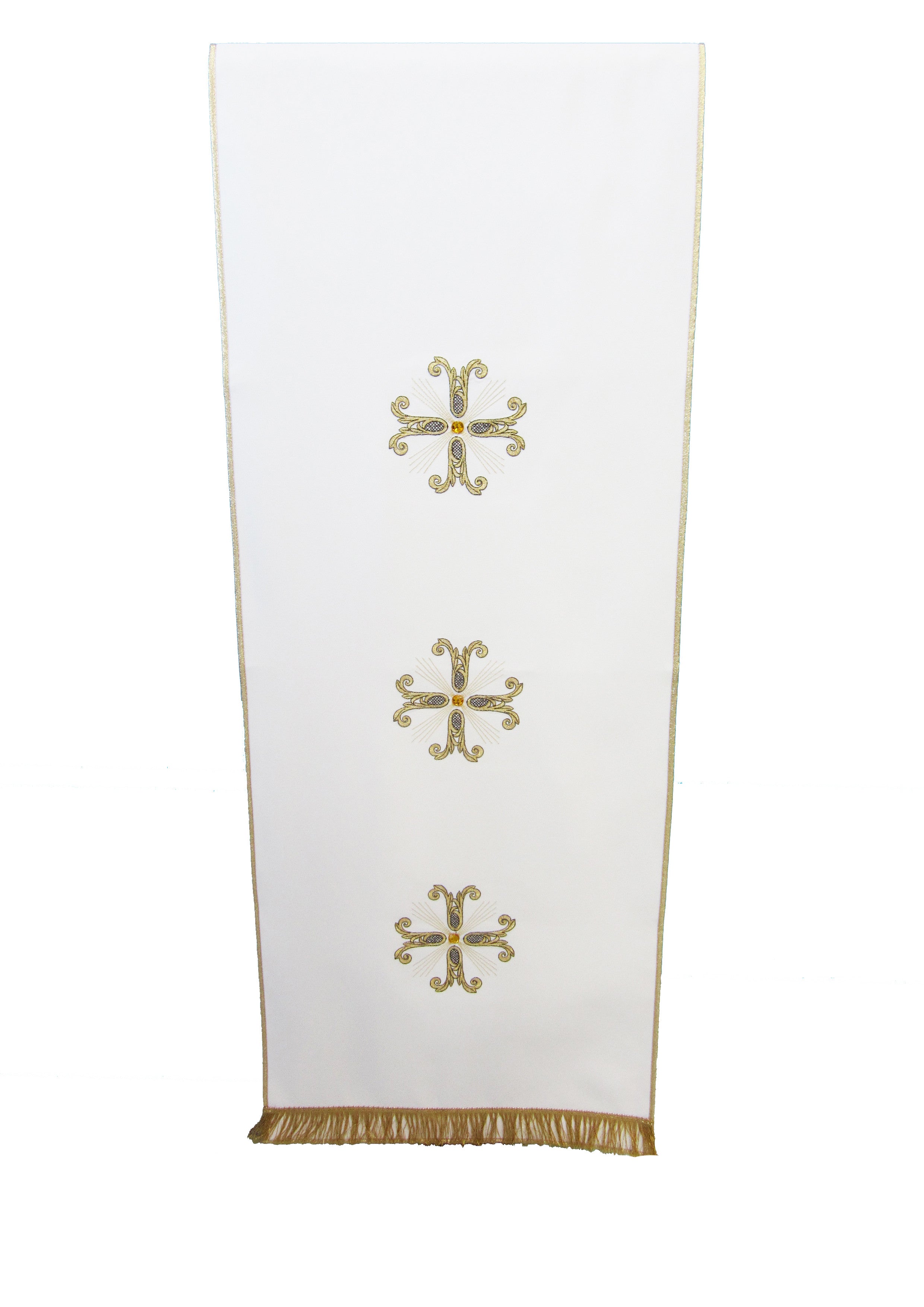 Coprileggio Liturgico bianco con tre croci oro in poliestere