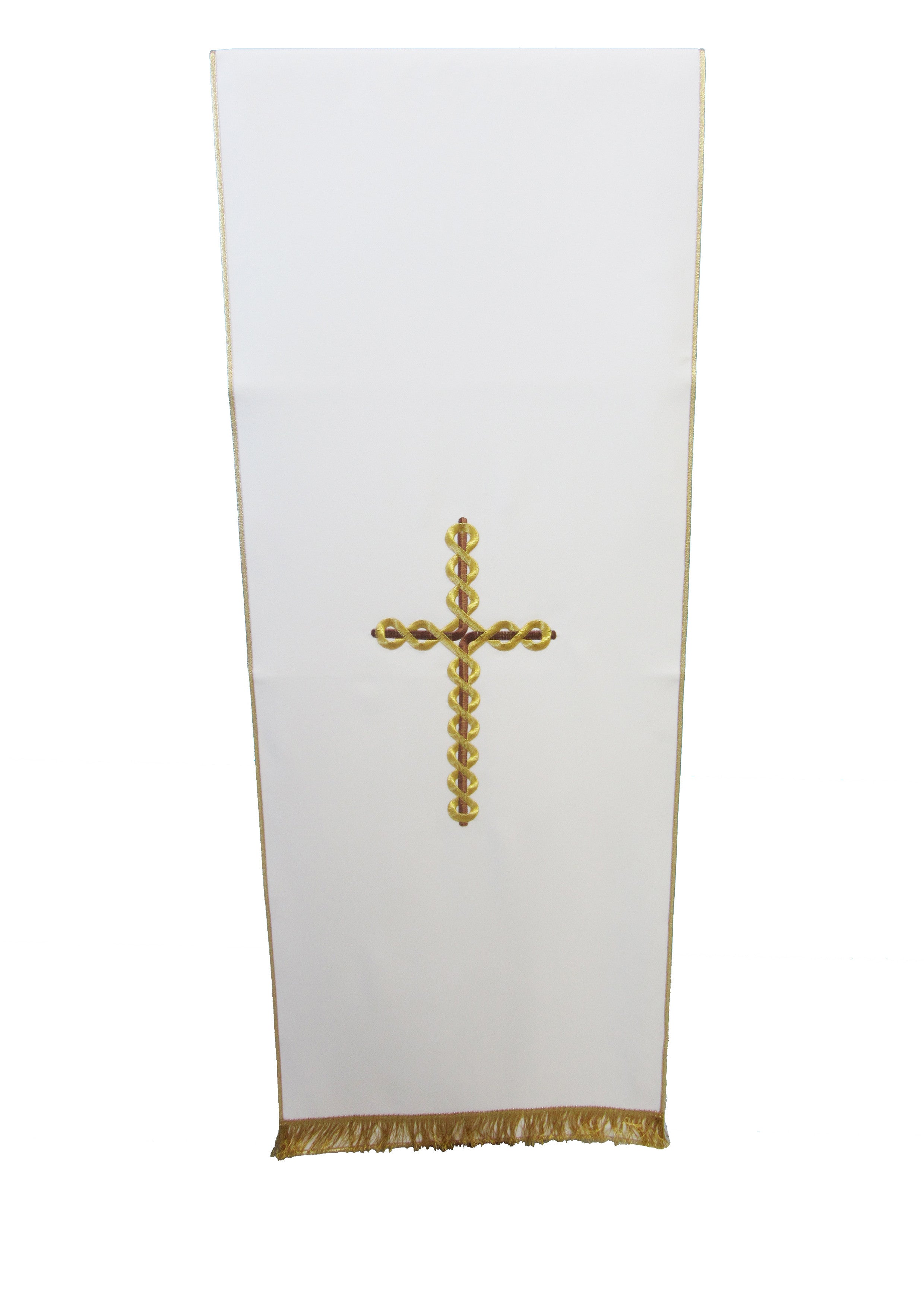 Coprileggio Liturgico bianco con croce torciglione oro in poliestere