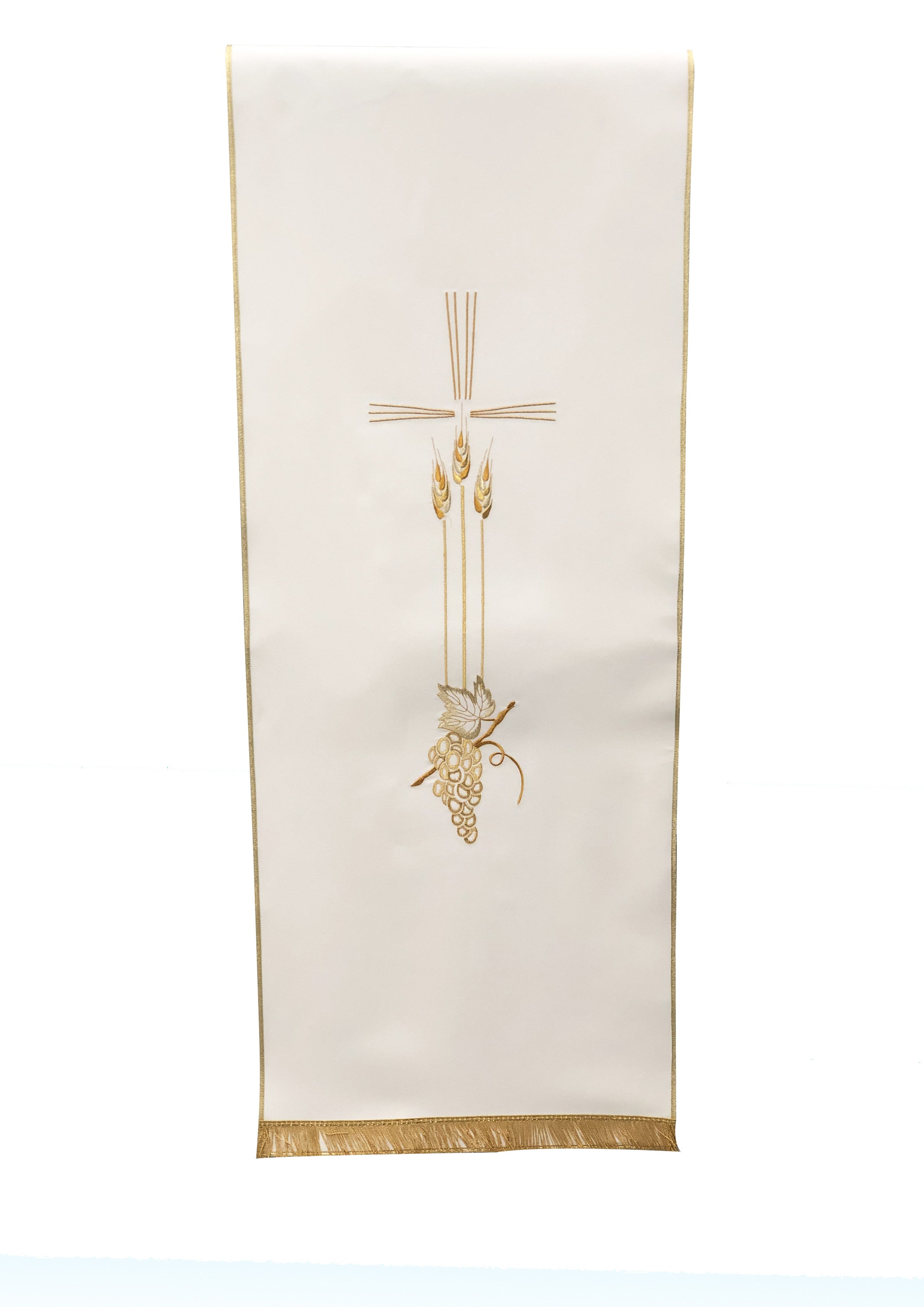 Coprileggio Liturgico bianco con croce stilizzata spighe uva dorate in poliestere
