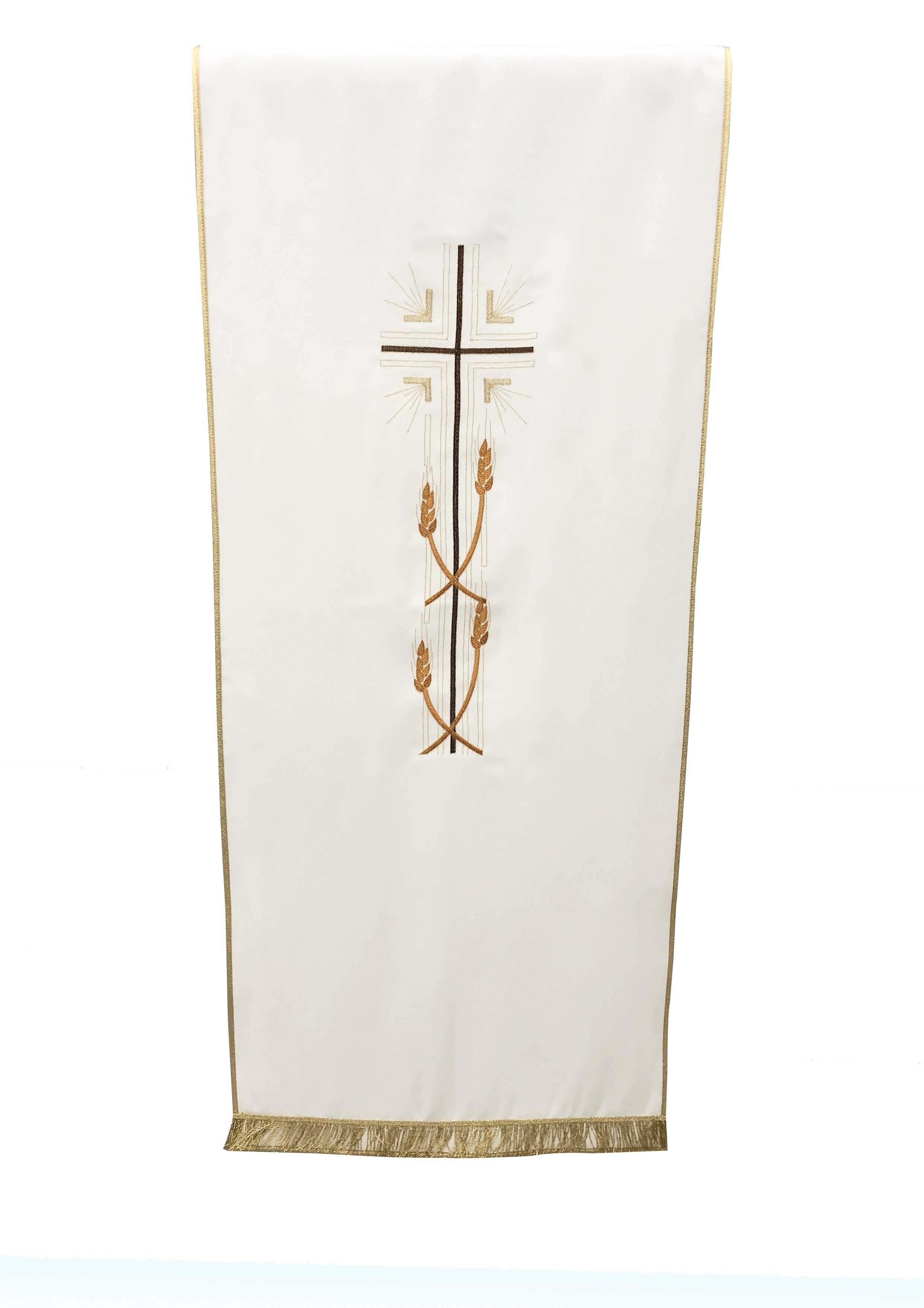 Coprileggio Liturgico bianco con croce e quattro spighe dorate in poliestere