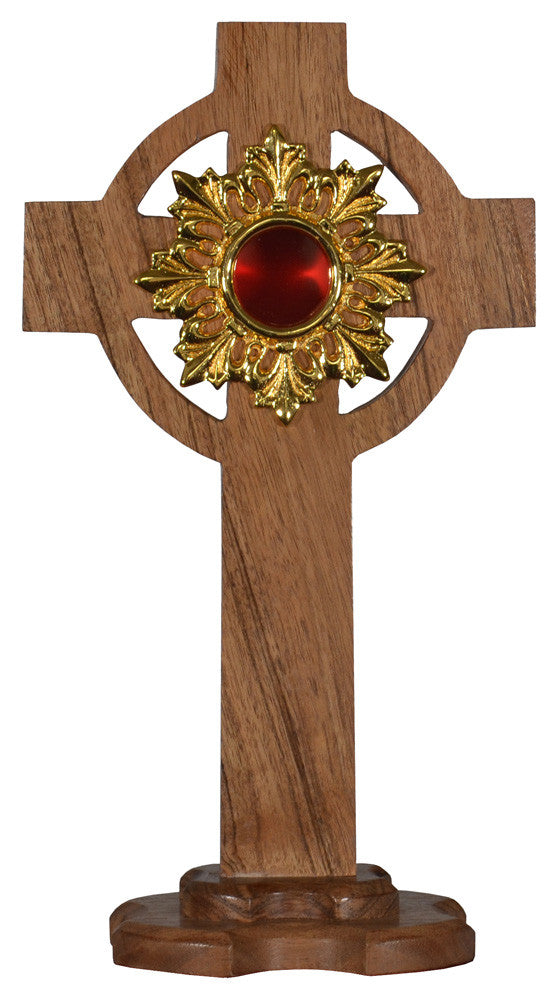 Reliquiario in legno con struttura a croce e teca in ottone