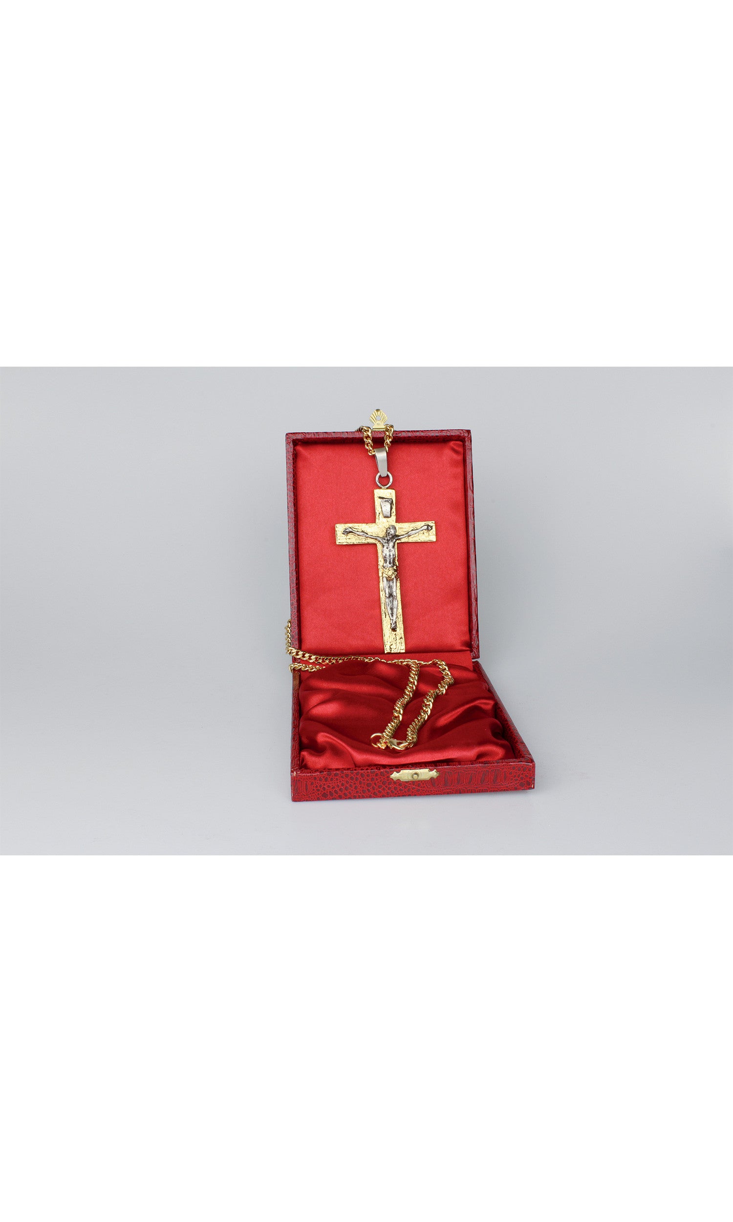 Croce Pettorale in Bronzo fuso colore Oro con Catena e Astuccio