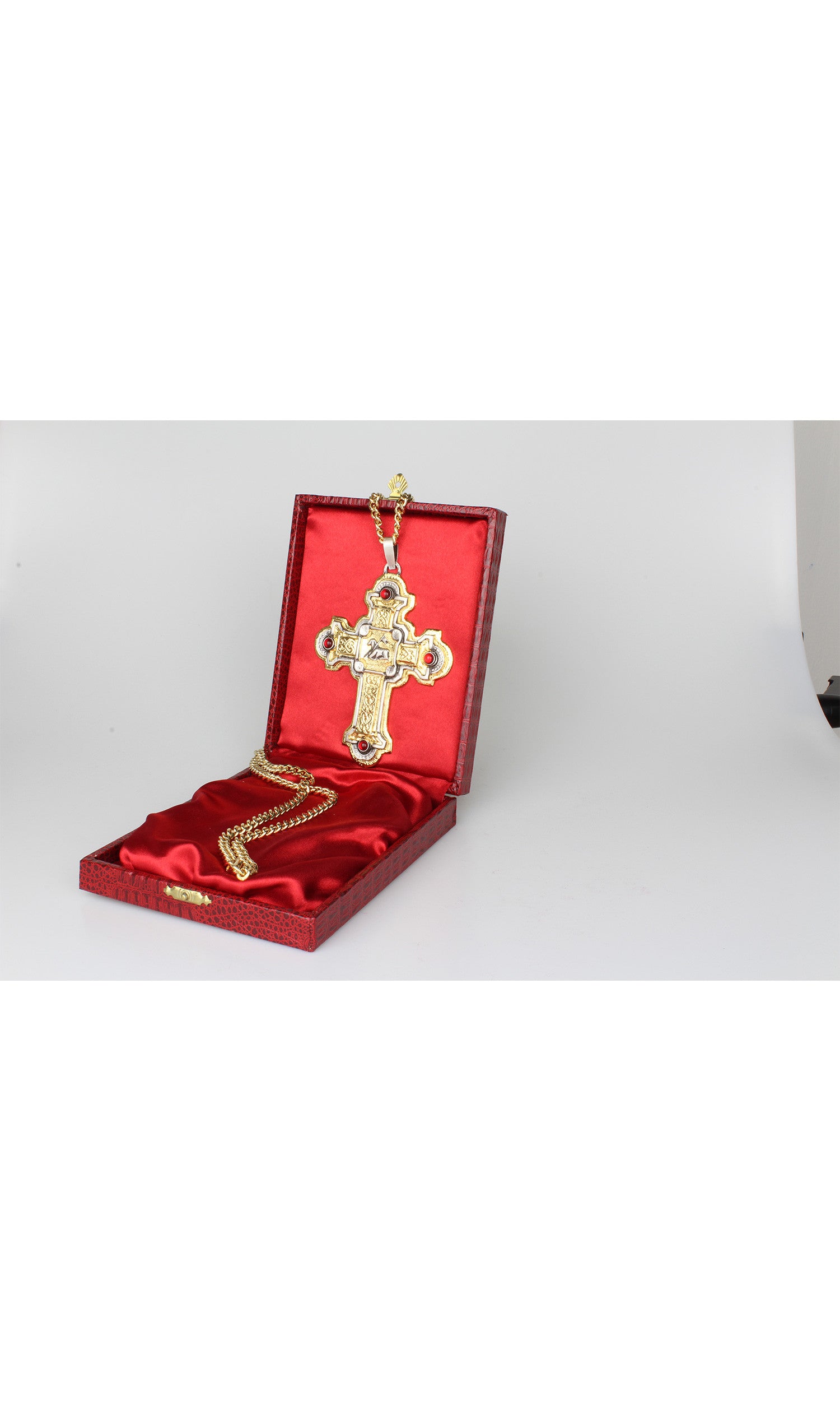 Croce pettorale in Color Oro e Argento con Pietre Rosse