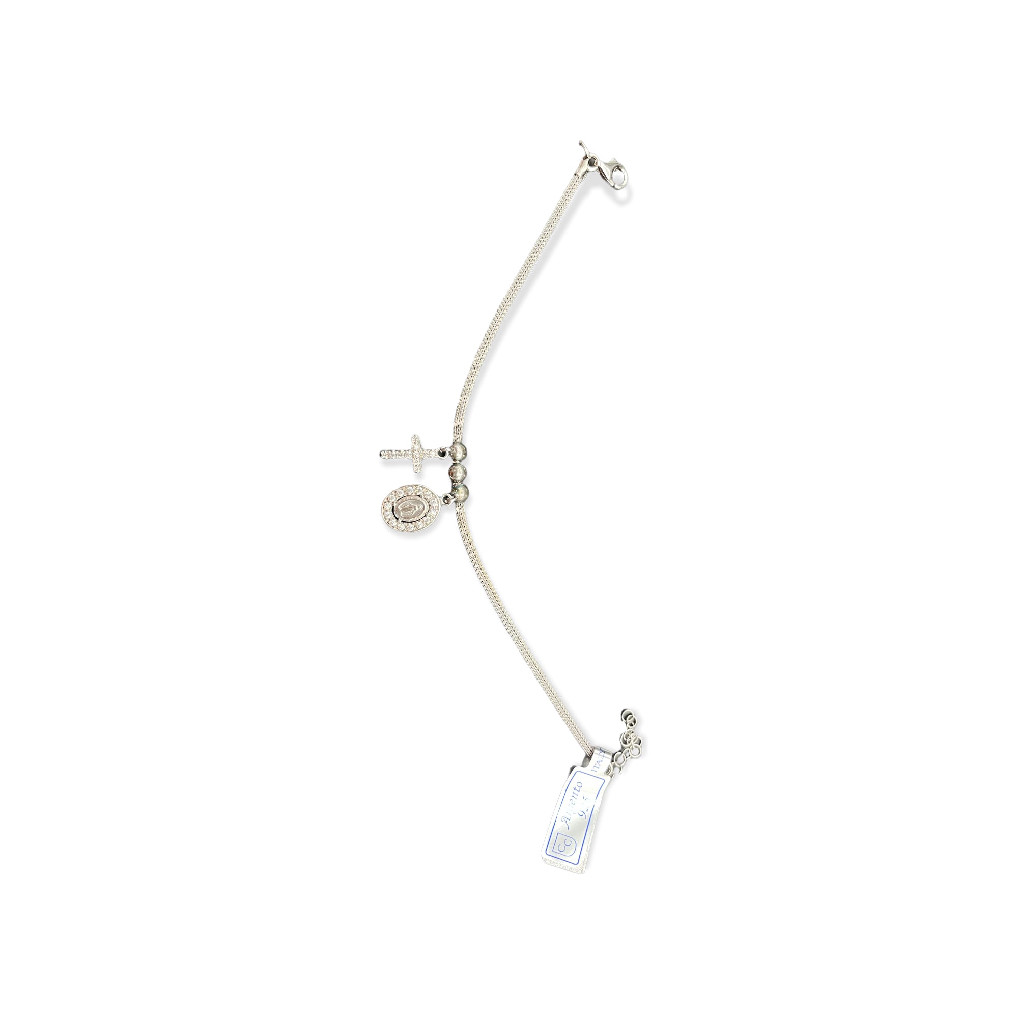 Bracciale Semirigido in Argento 925 con Croce e Medaglia Madonna Miracolosa in Zirconi