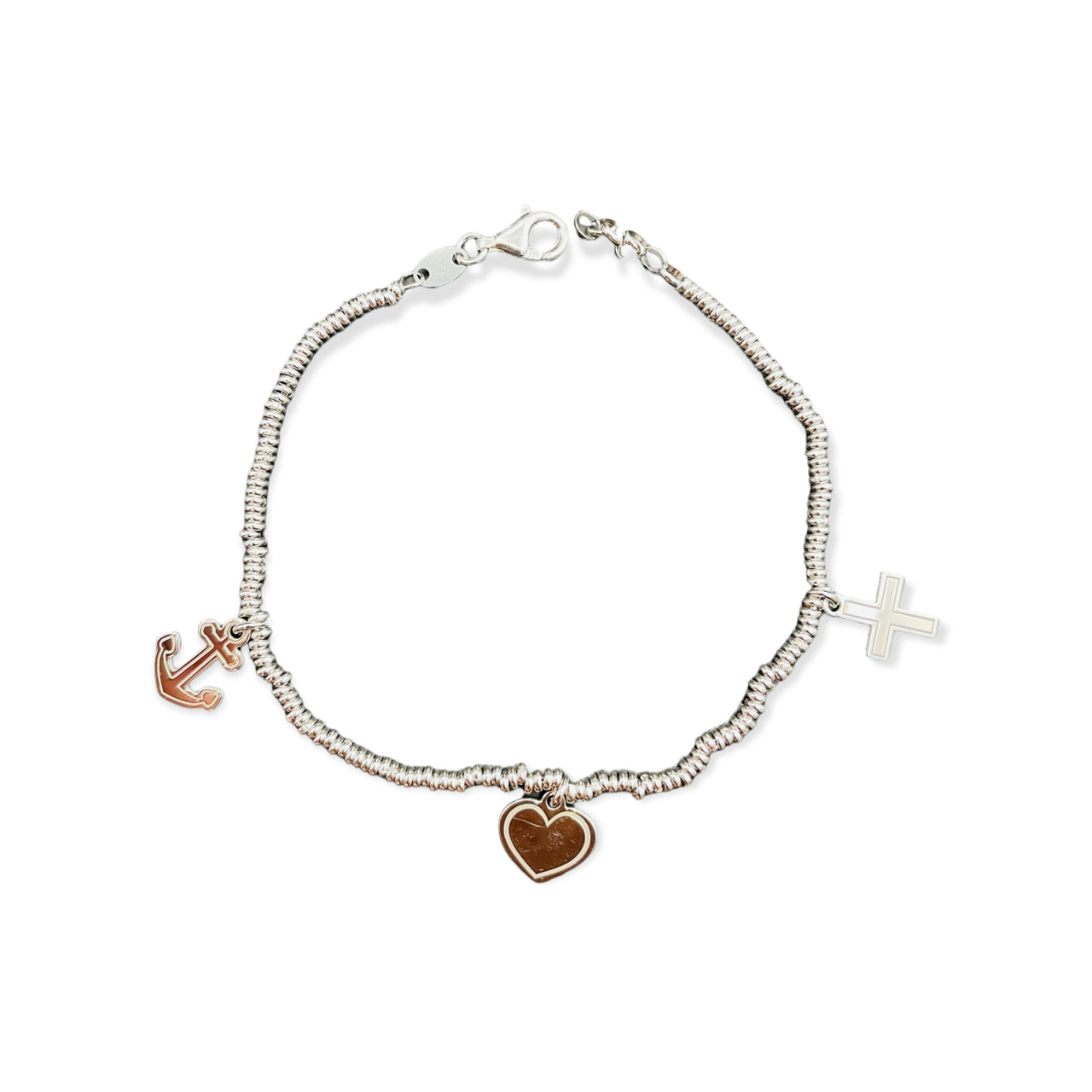 Bracciale in Argento con Pendenti Cuore, Croce e Fede