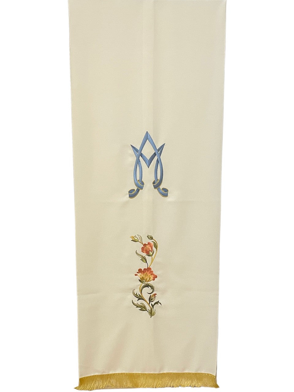 Coprileggio Liturgico bianco mariano con ricamo monogramma azzurro e fiori in poliestere