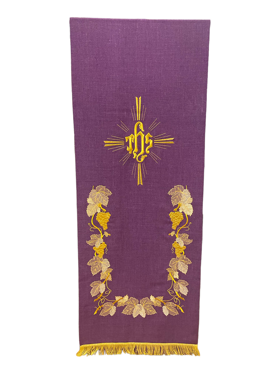 Coprileggio Liturgico viola solenne con ricamo dorato uva spighe e IHS in lana