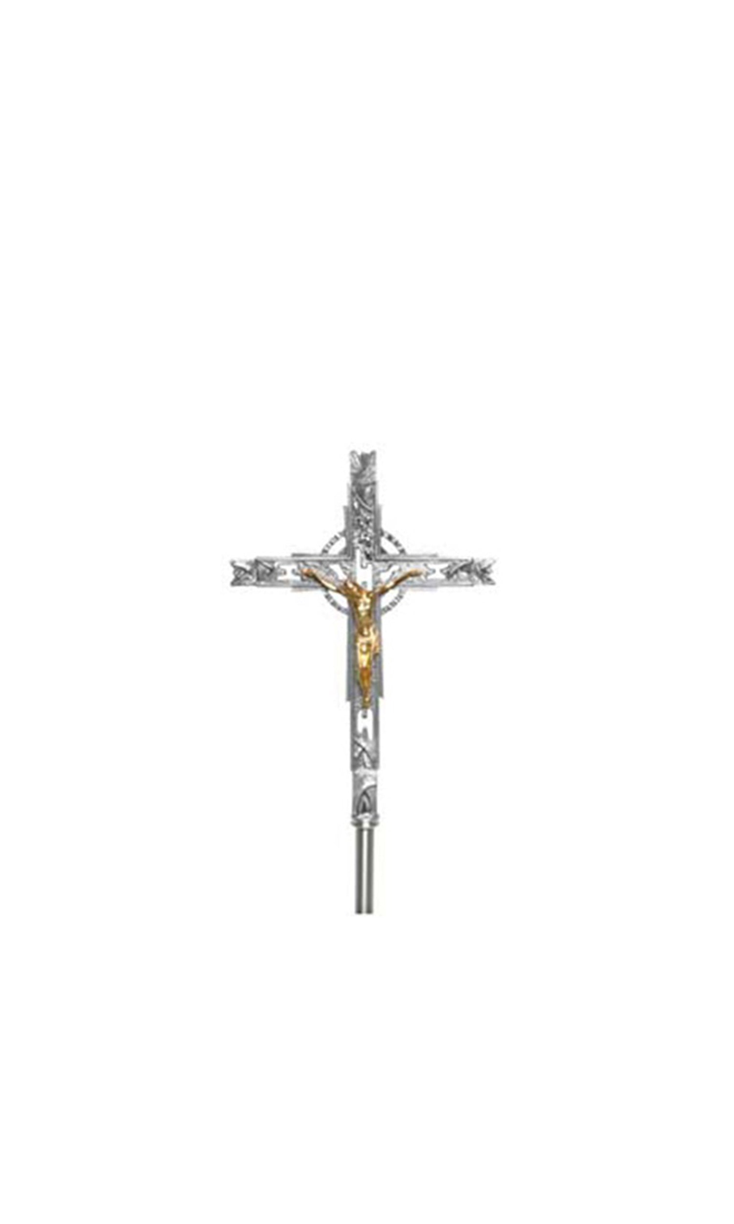 Croce Astile in metallo 52x36 cm Finitura argento Gesù Oro Asta 150 cm