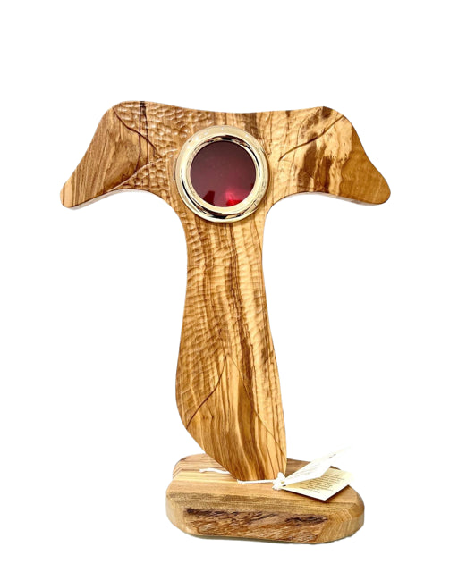 Reliquiario in legno di ulivo a forma di Tau