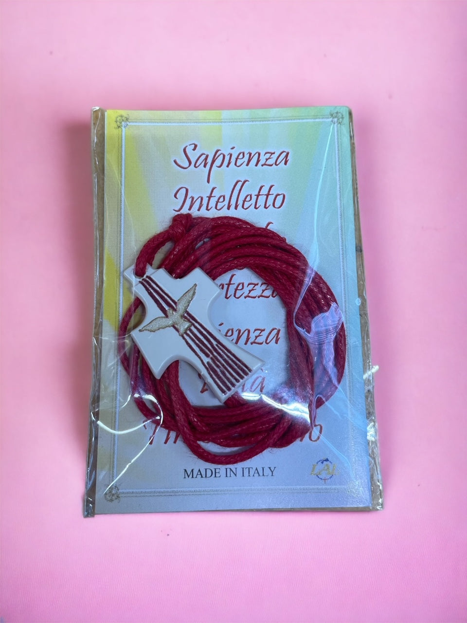 Collana santa Cresima con croce in resina con Colomba Cordoncino rosso