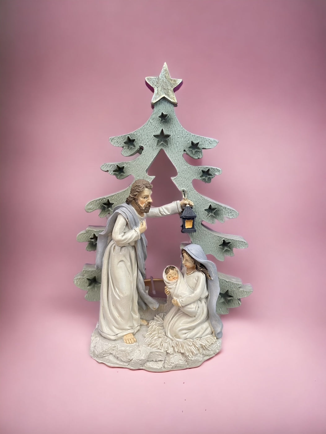Porta candele Presepe Sacra Famiglia con sfondo albero