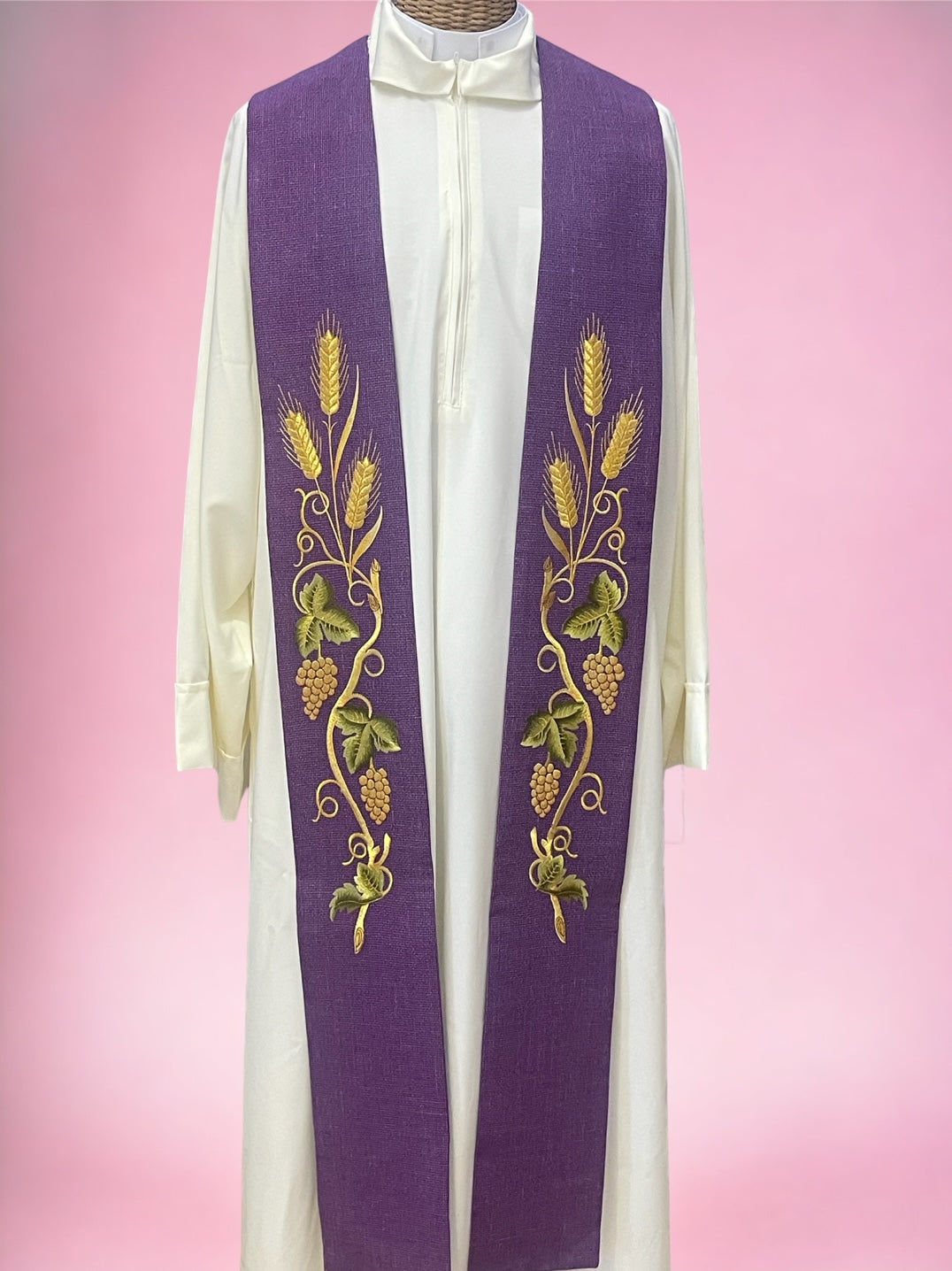 Stola in Lana Quadrettata con Ricami Grano Uva (Colori Liturgici Disponibili)