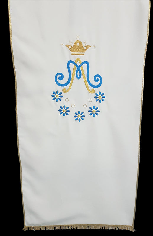 Coprileggio Liturgico bianco Monogramma Mariano e Margherite in poliestere