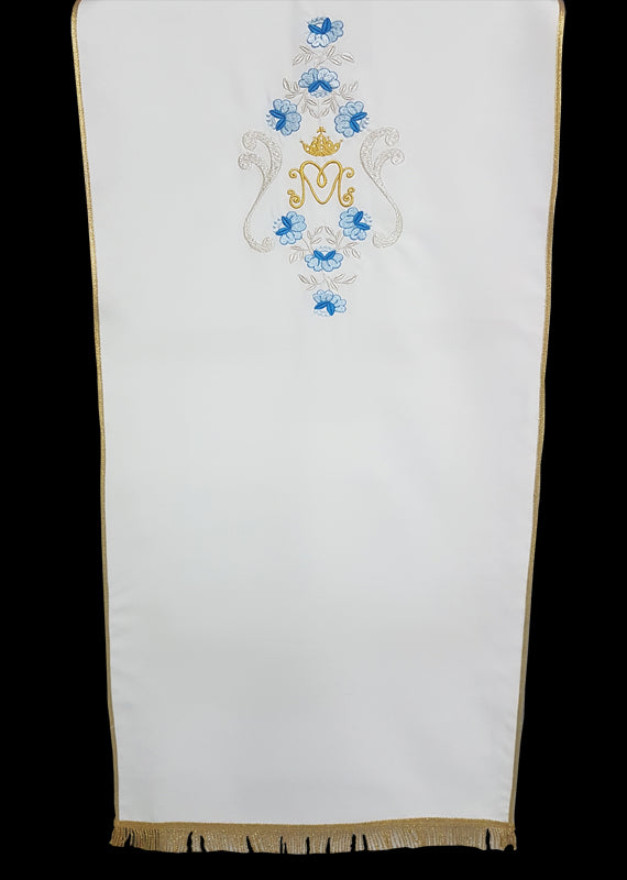 Coprileggio Liturgico bianco Monogramma Mariano e Rose in poliestere