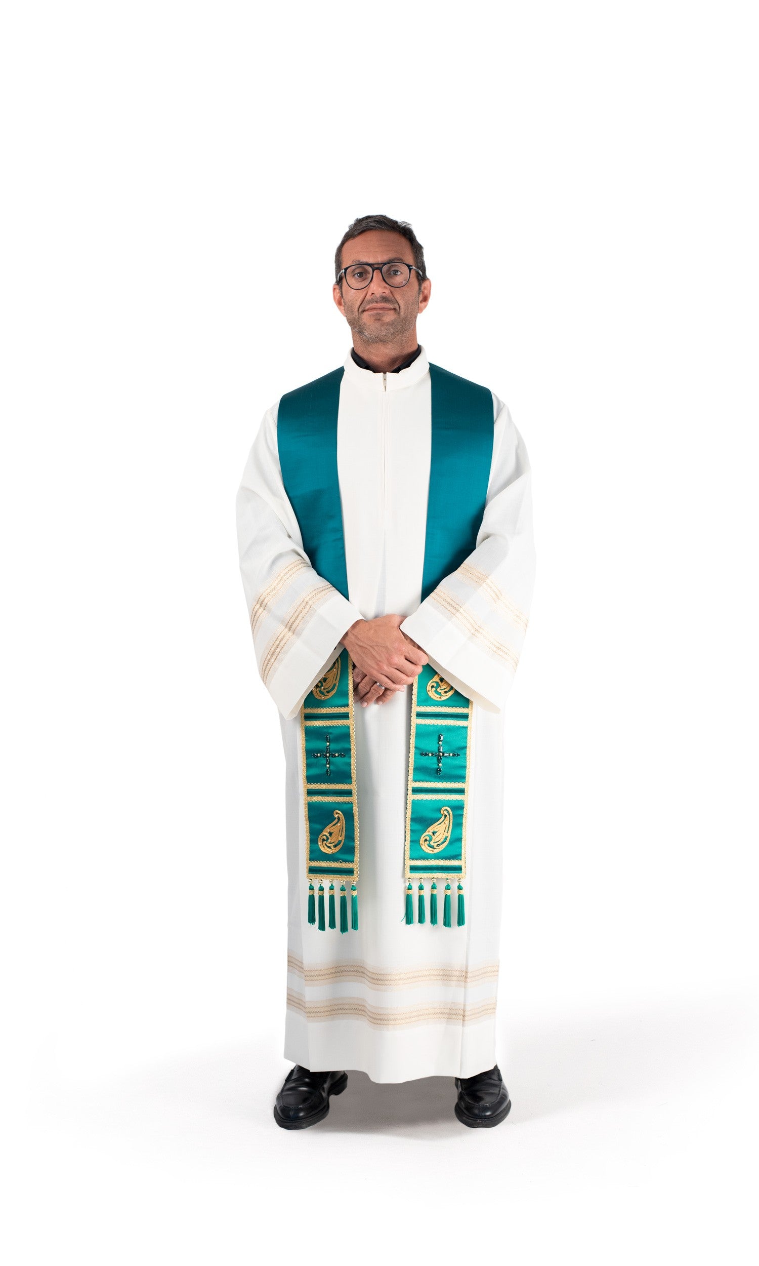 Stola per Sacerdote Verde in Seta con Formelle Cucite a Mano