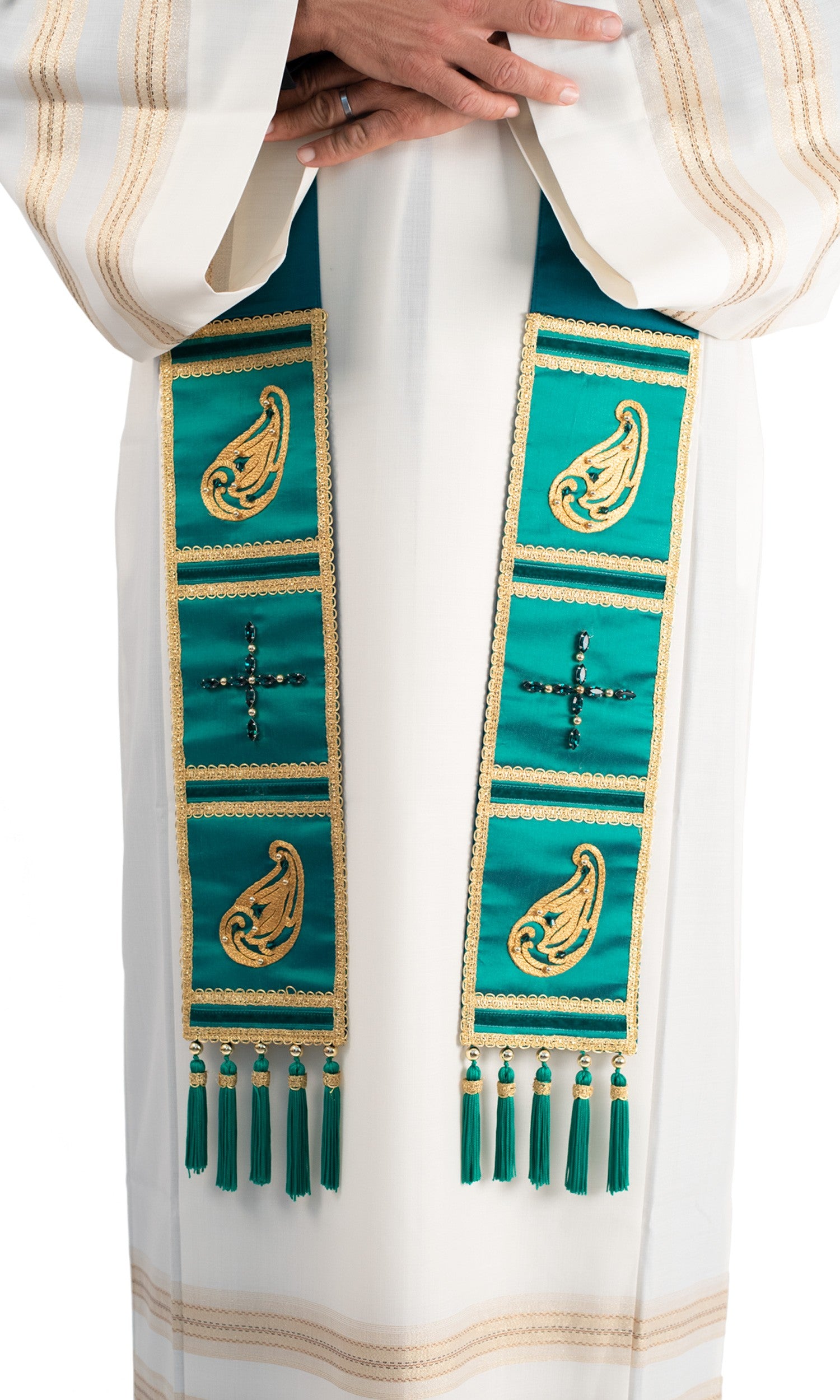 Stola per Sacerdote Verde in Seta con Formelle Cucite a Mano